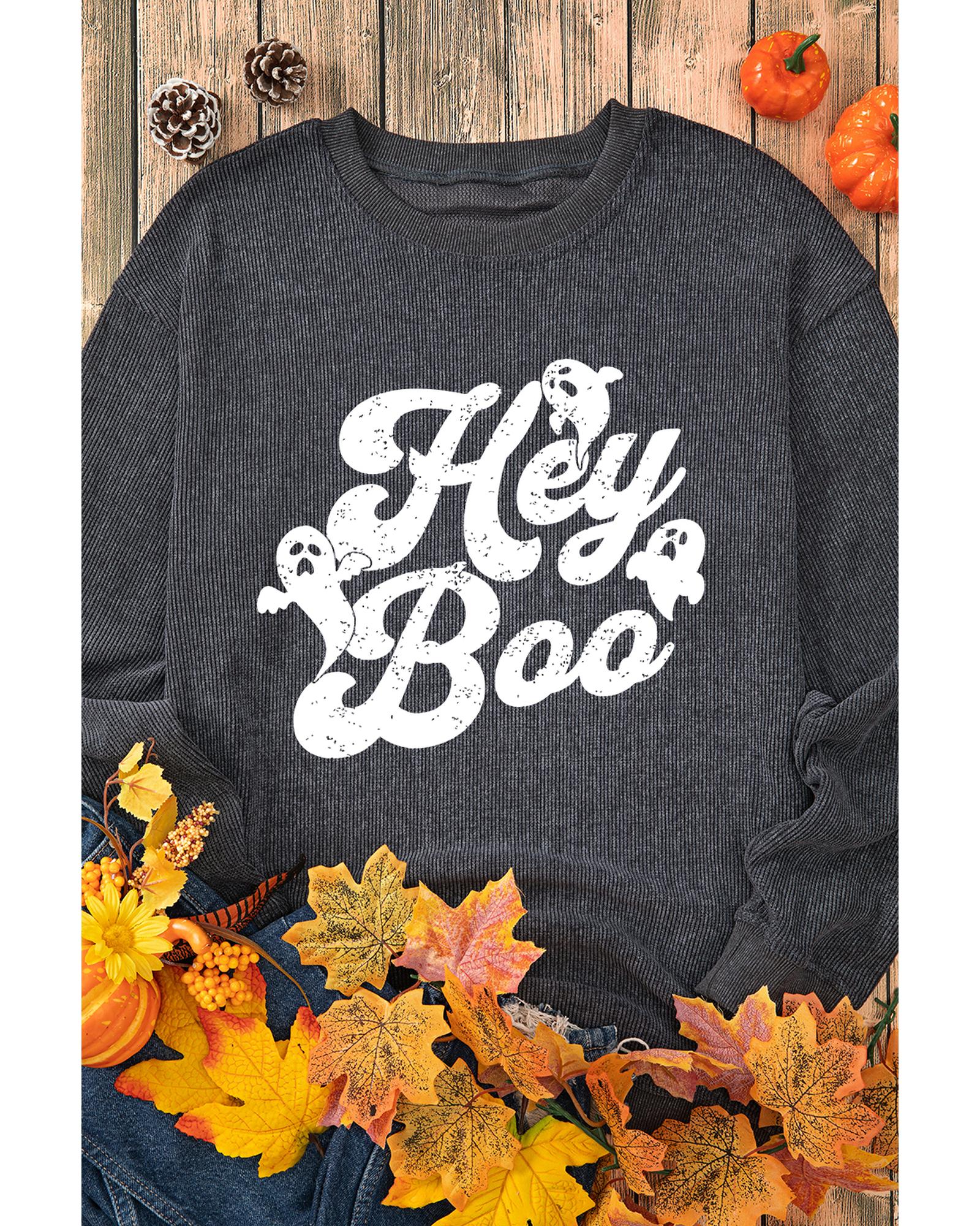 Gray Corded Hey Boo Ghost Graphic Drop Shoulder Halloween Sweatshirt - L
