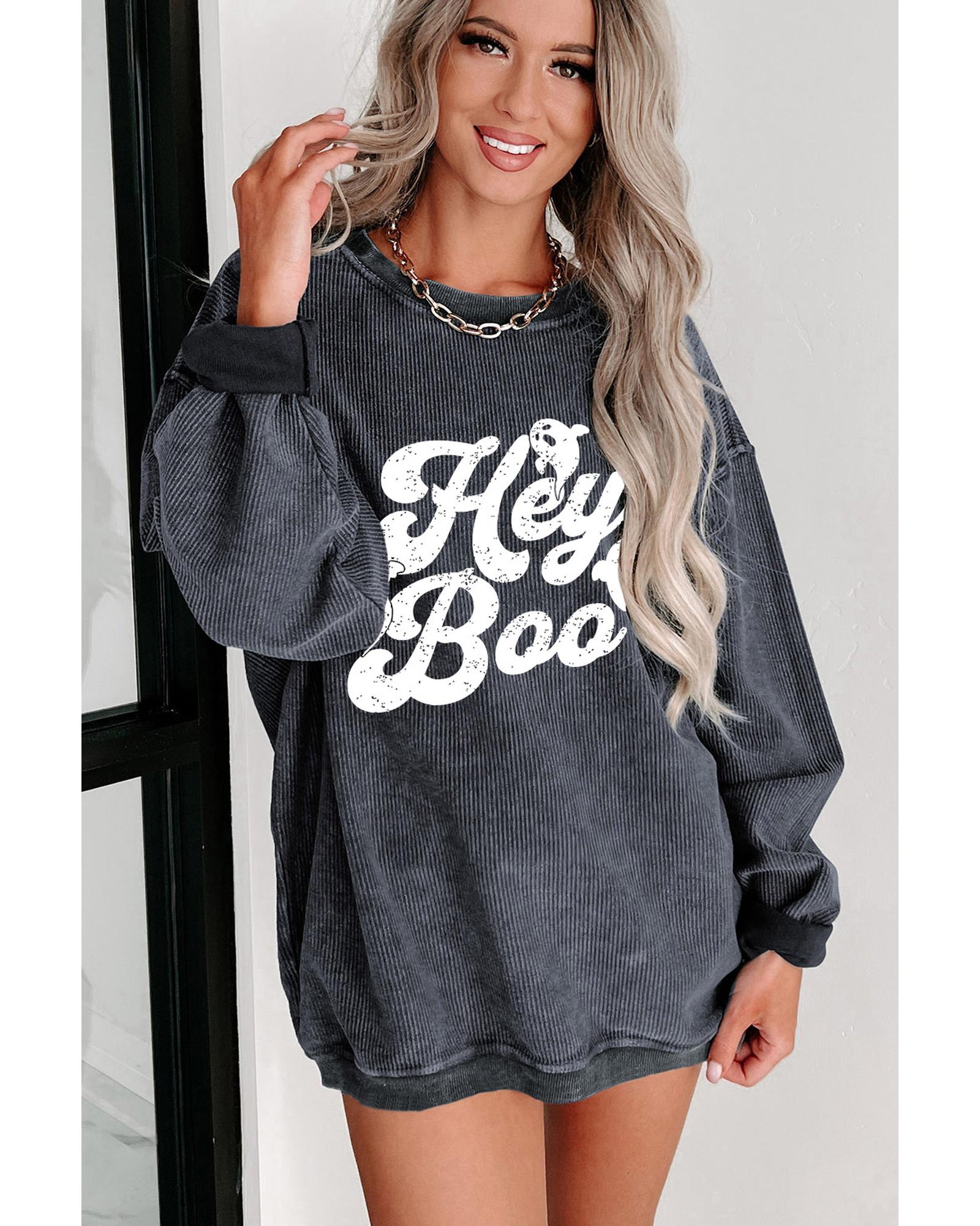 Gray Corded Hey Boo Ghost Graphic Drop Shoulder Halloween Sweatshirt - L