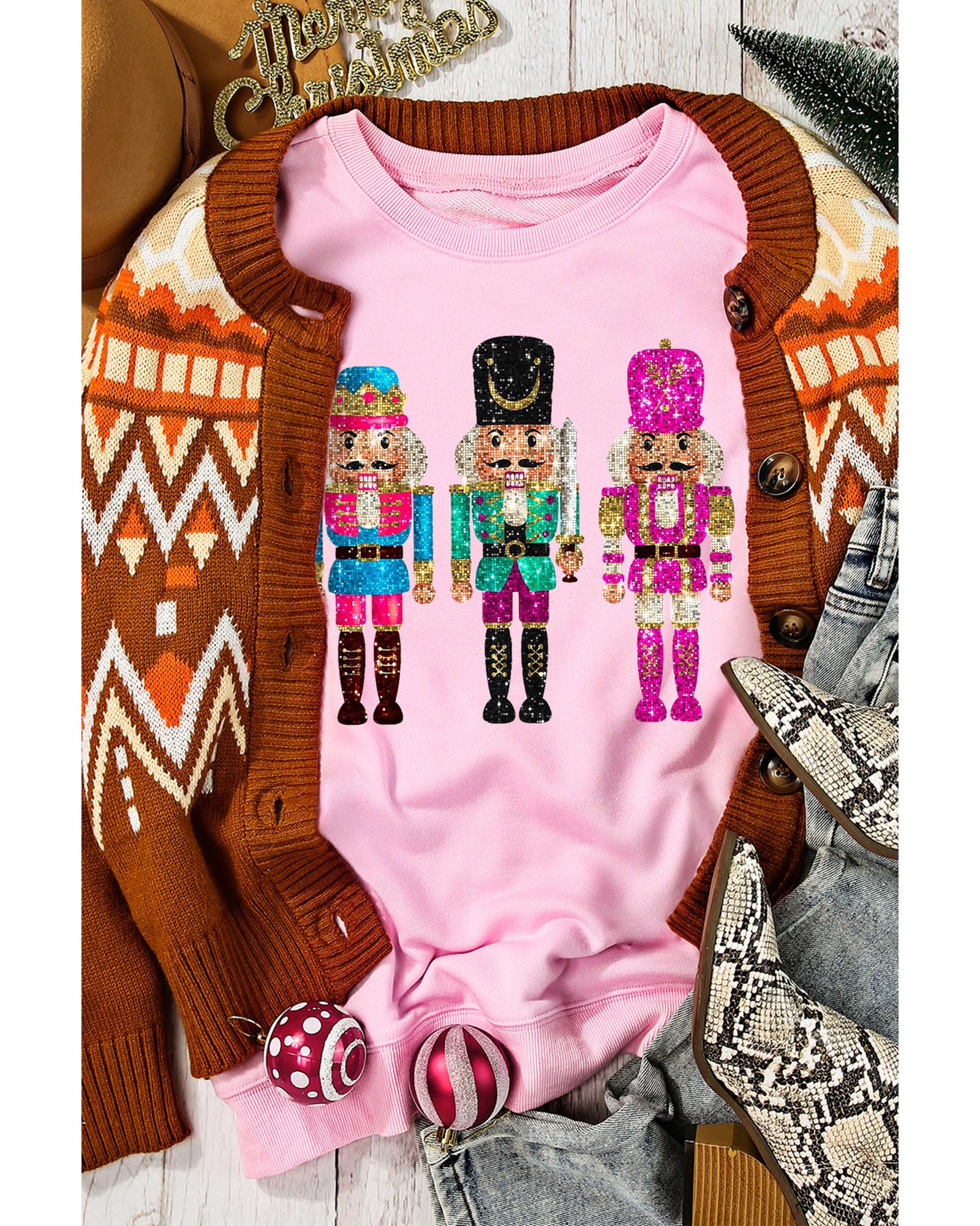 Pink Cute Nutcracker Printed Drop Shoulder Christmas Sweatshirt - L