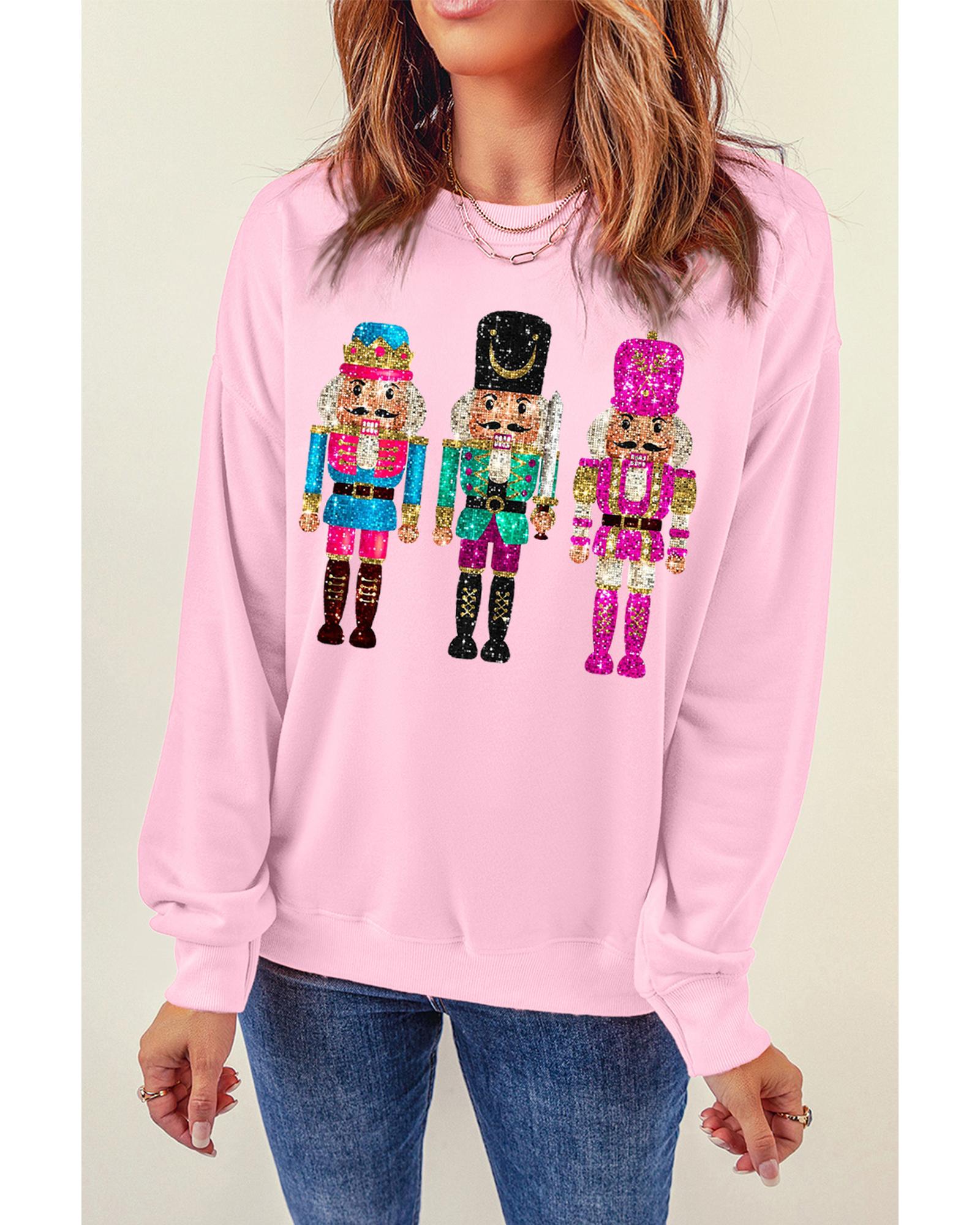 Pink Cute Nutcracker Printed Drop Shoulder Christmas Sweatshirt - L