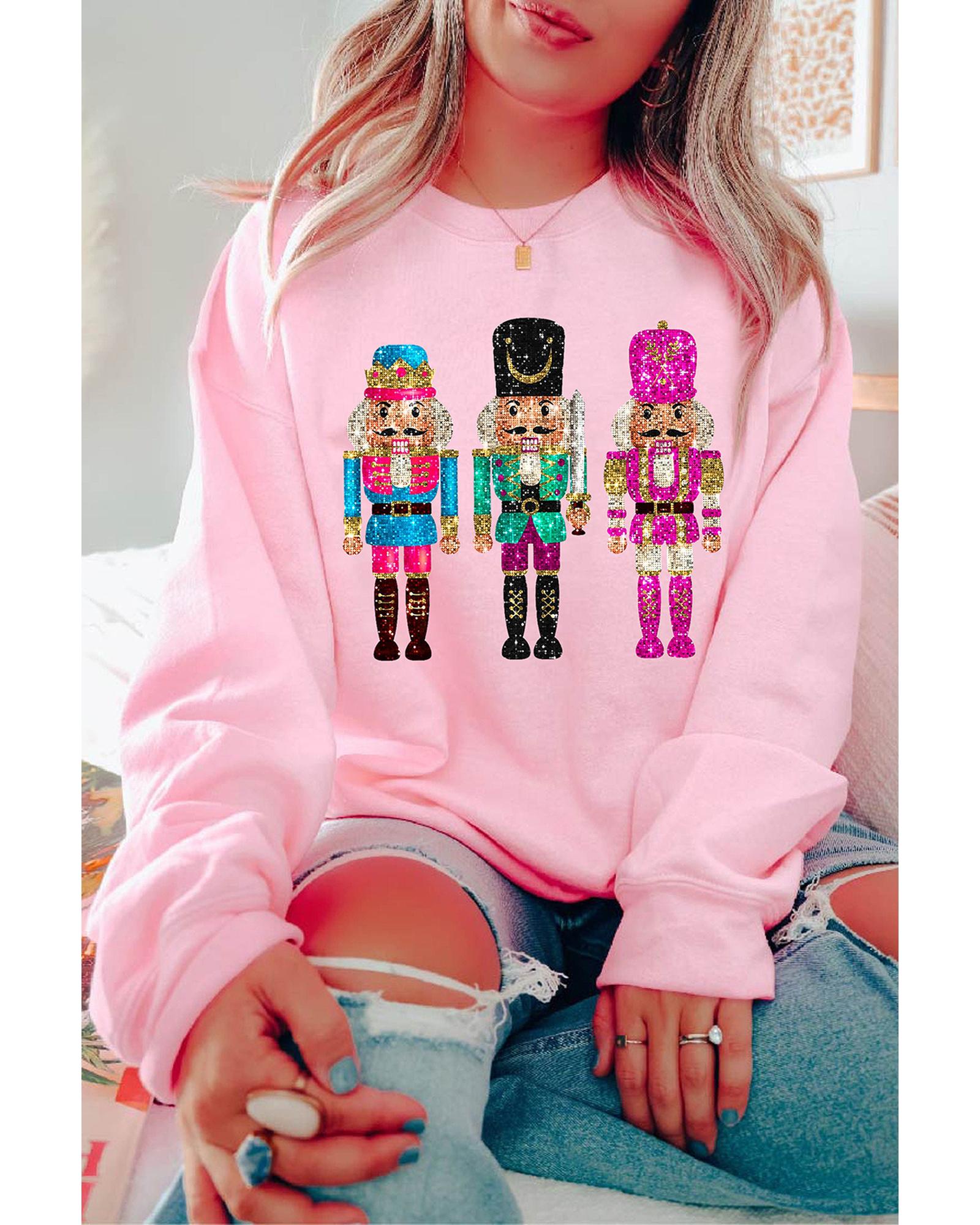 Pink Cute Nutcracker Printed Drop Shoulder Christmas Sweatshirt - L