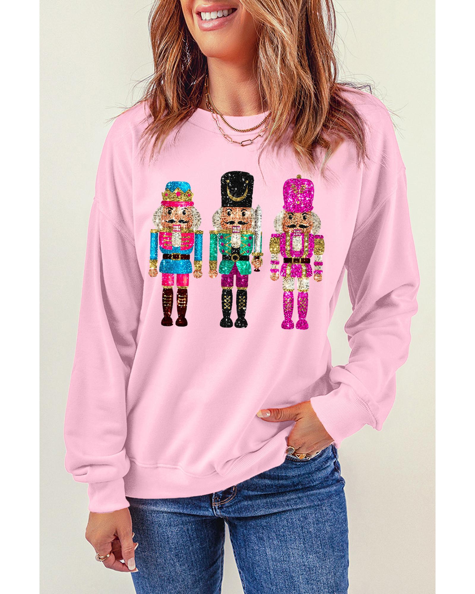 Pink Cute Nutcracker Printed Drop Shoulder Christmas Sweatshirt - M