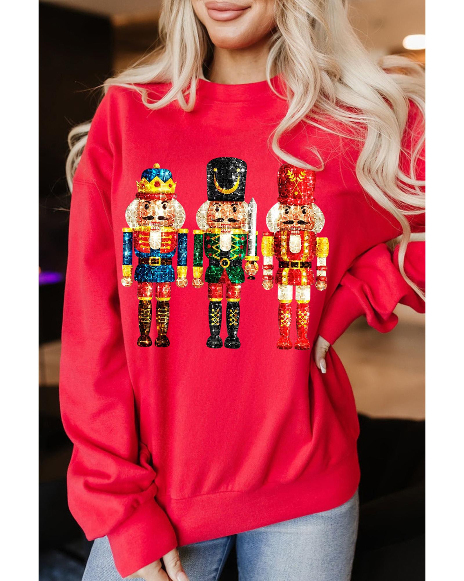 Red Christmas Metallic Nutcracker Graphic Crew Neck Sweatshirt - S