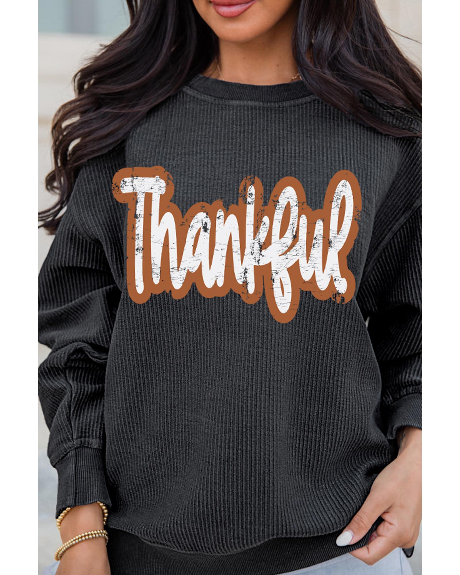 Black Thankful Printed Drop Shoulder Corded Thanksgiving Sweatshirt - S