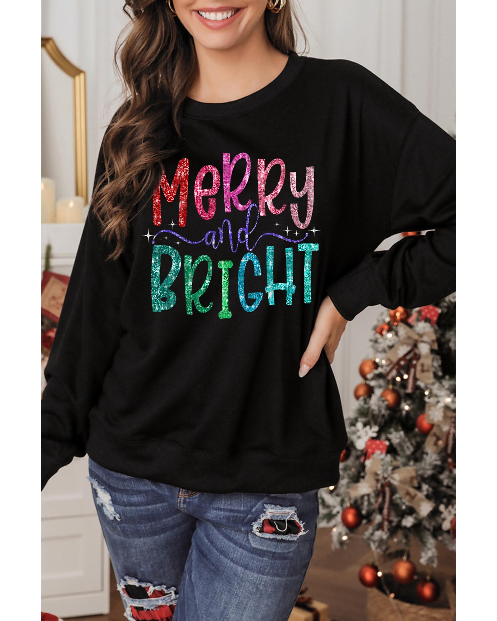 Black Glittering Merry and Bright Graphic Christmas Pullover Sweatshirt - XL