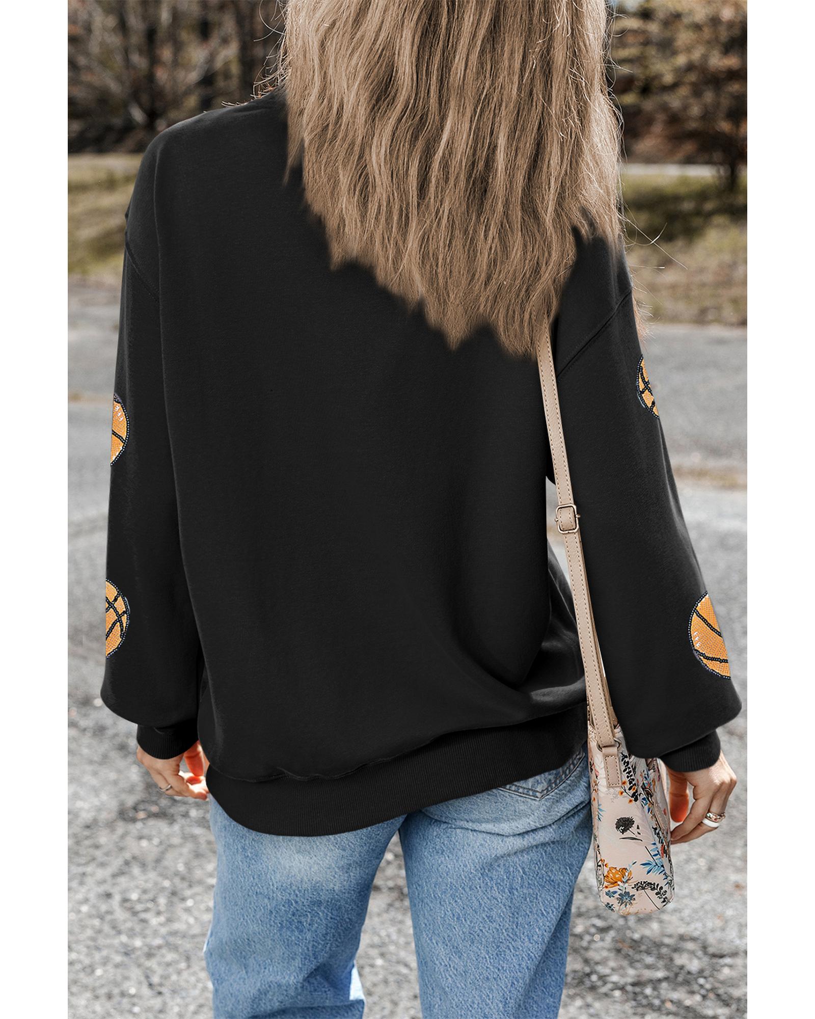 Black Sequin Ball Patched Crewneck Game Day Sweatshirt - L