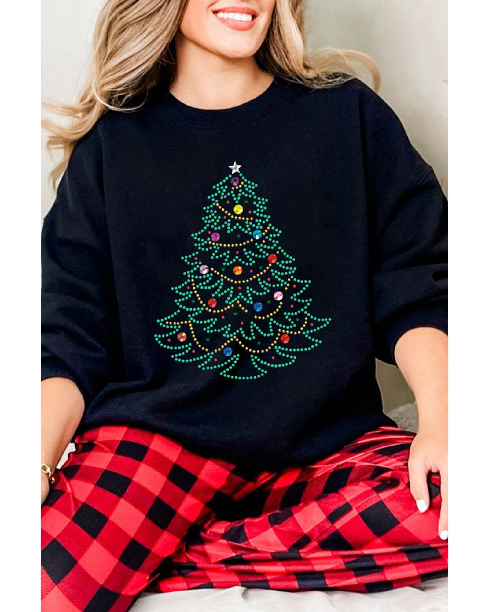 Black Rhinestone Christmas Tree Graphic Pullover Sweatshirt - M