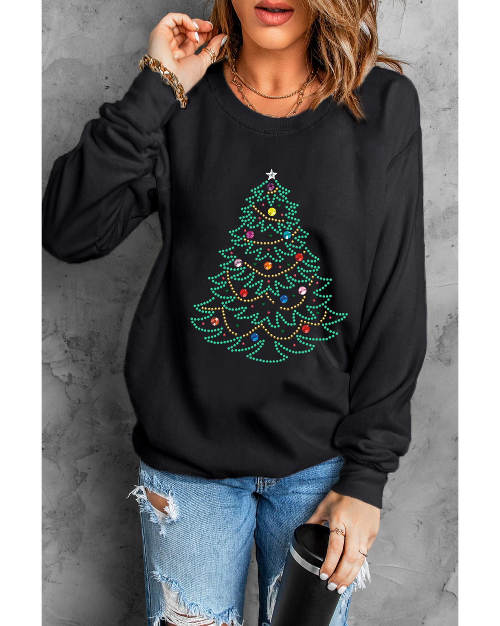Black Rhinestone Christmas Tree Graphic Pullover Sweatshirt - XL