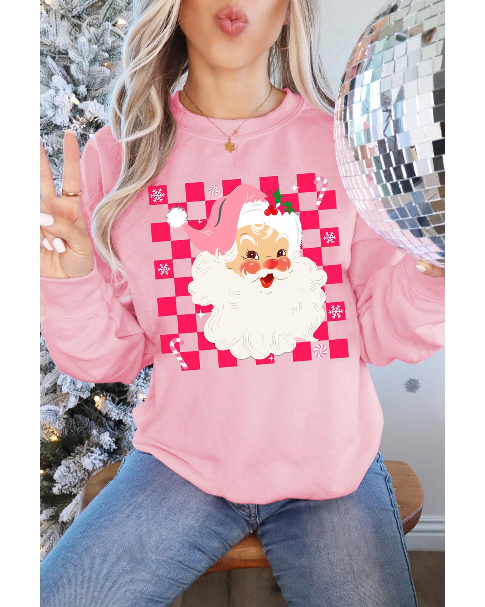 Pink Fancy Checkered Father Christmas Graphic Sweatshirt - L