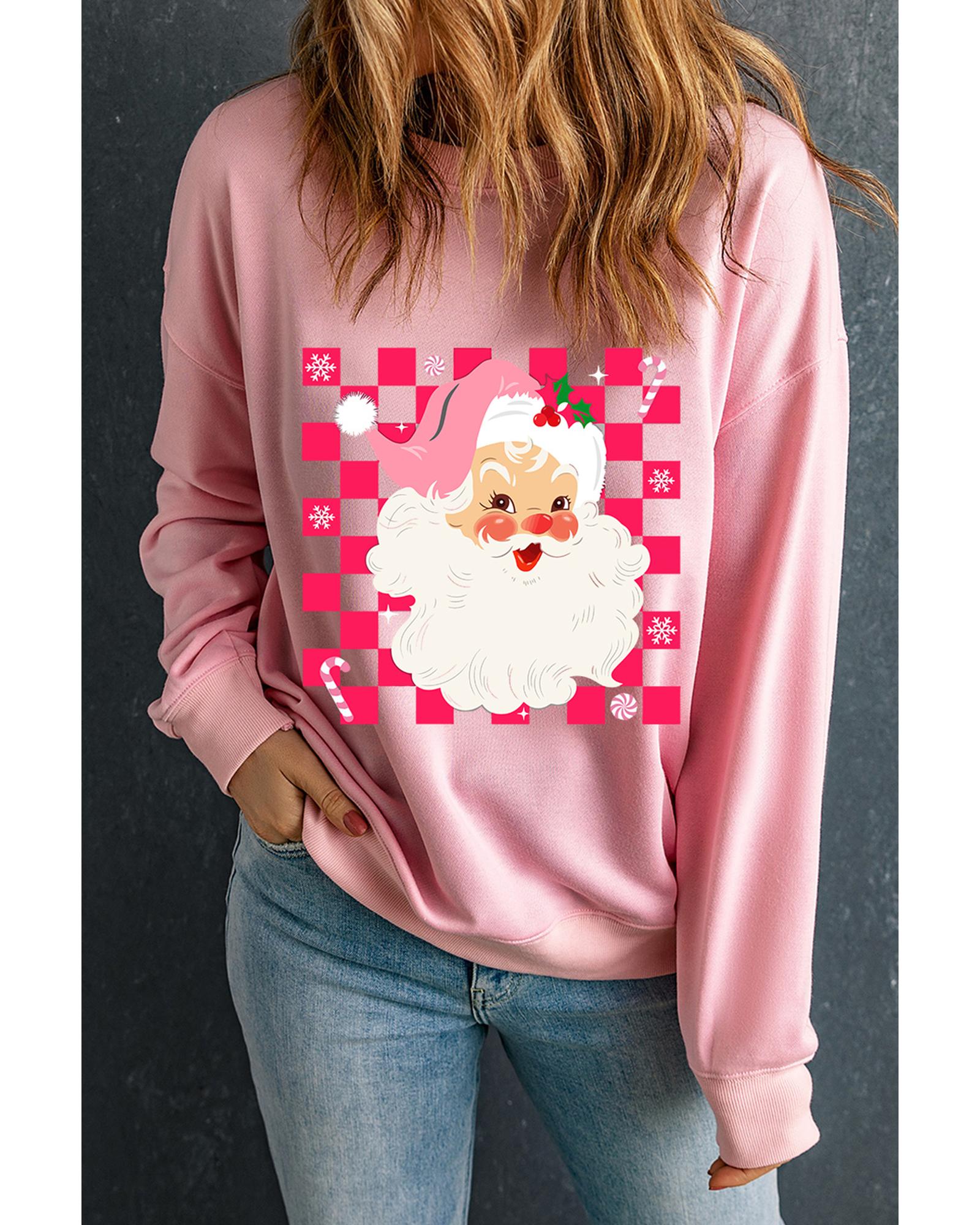 Pink Fancy Checkered Father Christmas Graphic Sweatshirt - L