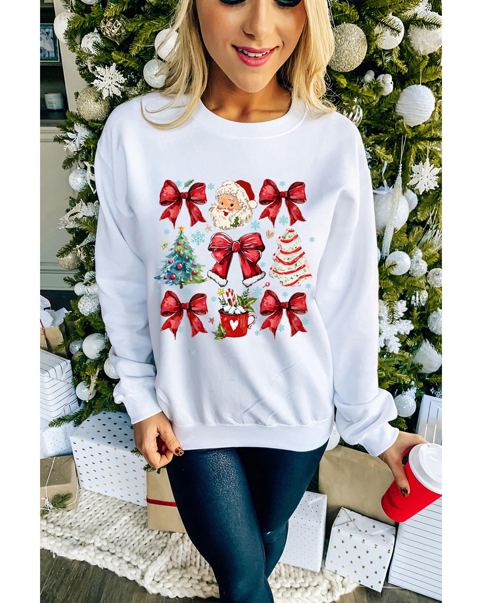 Beige Christmas Tree Bowknot Santa Clause Graphic Holiday Sweatshirt - L