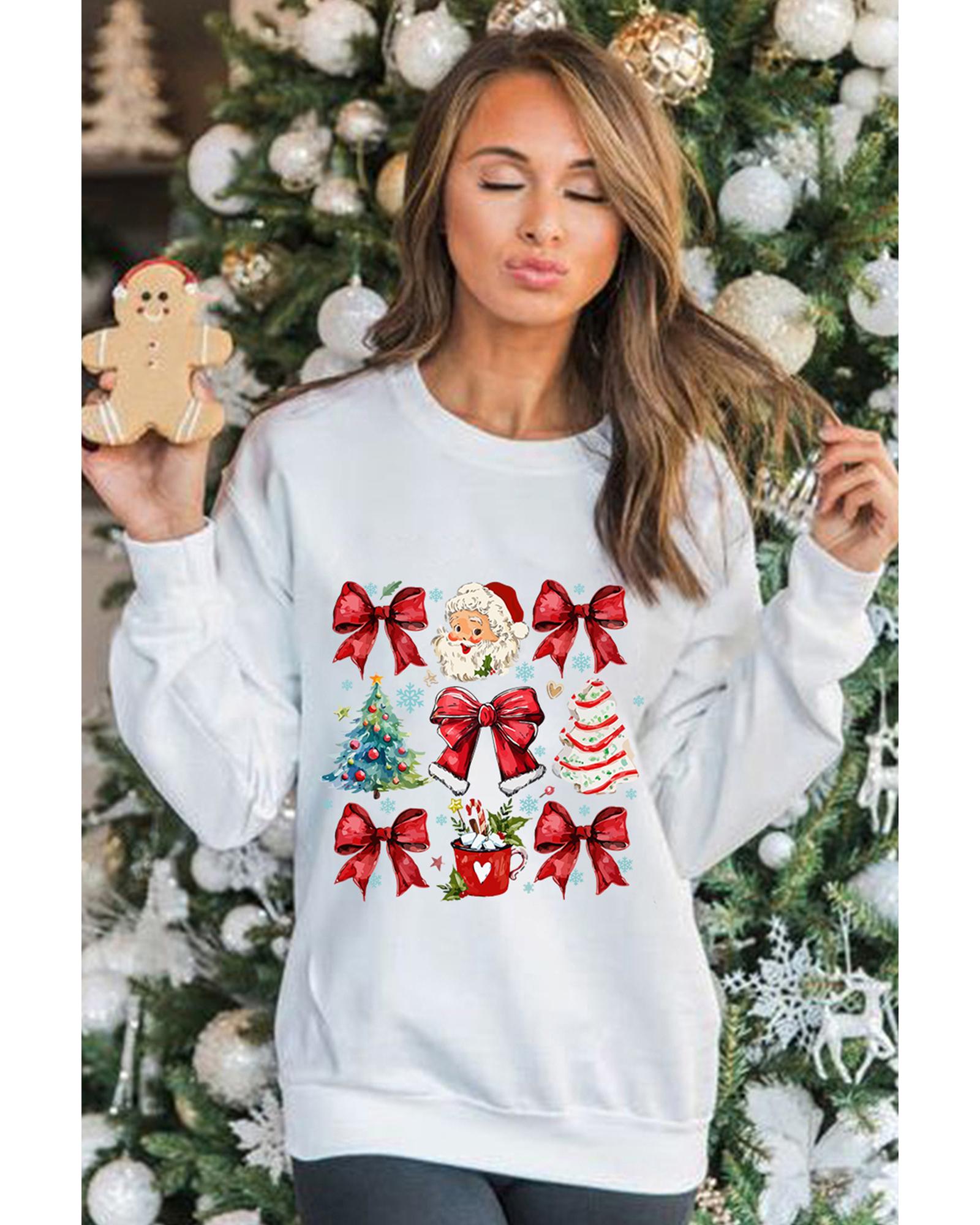 Beige Christmas Tree Bowknot Santa Clause Graphic Holiday Sweatshirt - L