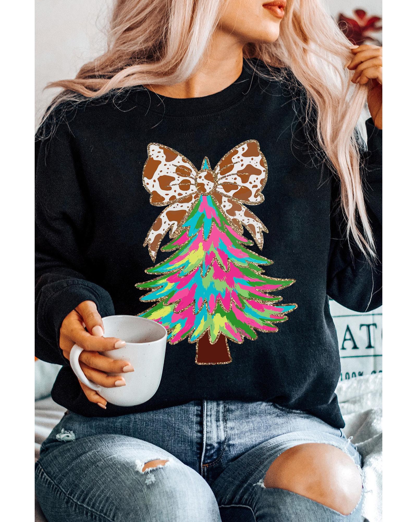 Black Bowknot Christmas Tree Shiny Graphic Sweatshirt - M