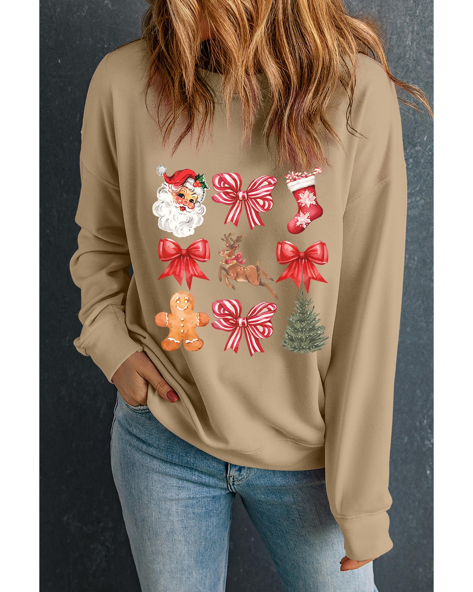 Khaki Christmas Pattern Graphic Crew Neck Sweatshirt - M