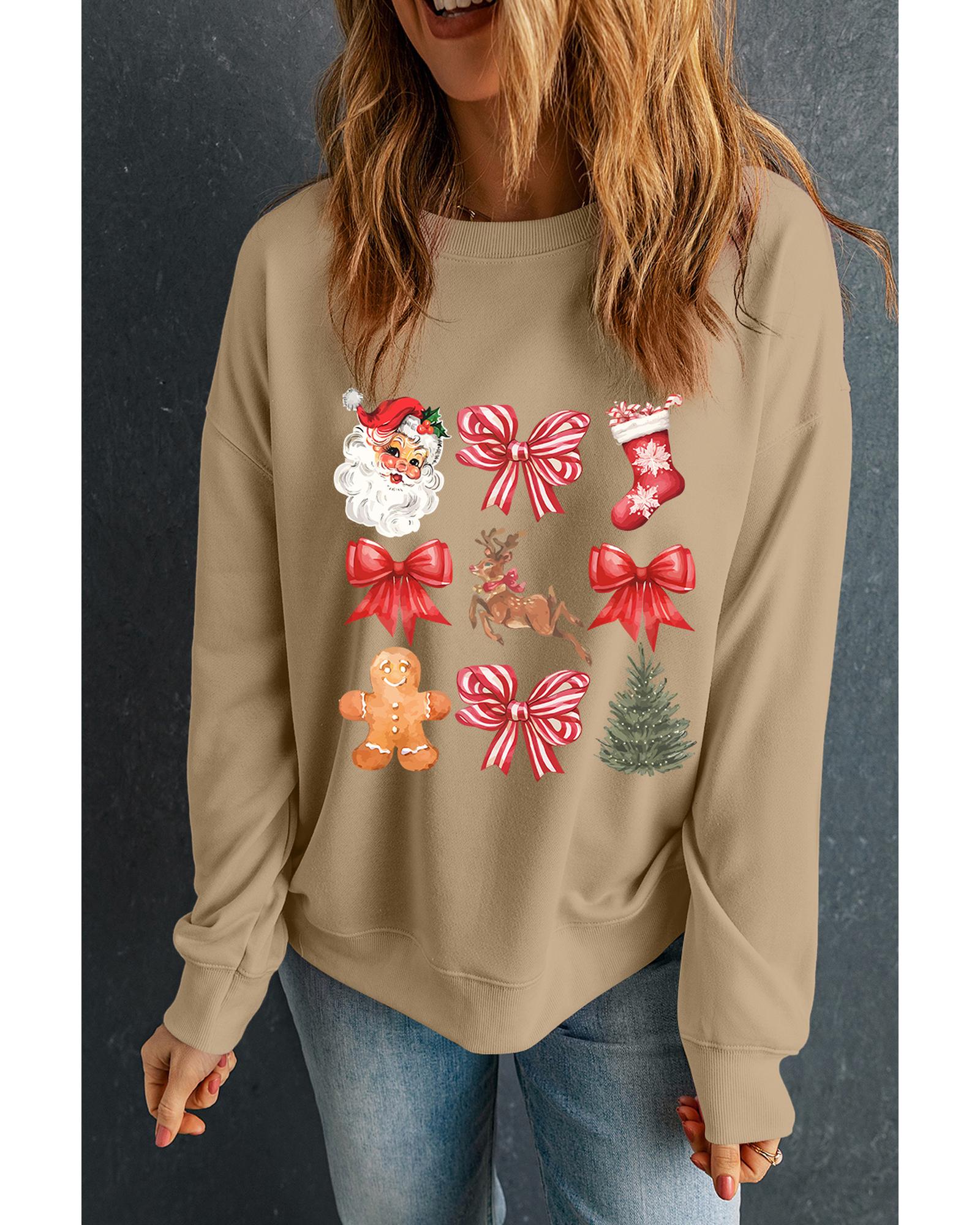 Khaki Christmas Pattern Graphic Crew Neck Sweatshirt - M