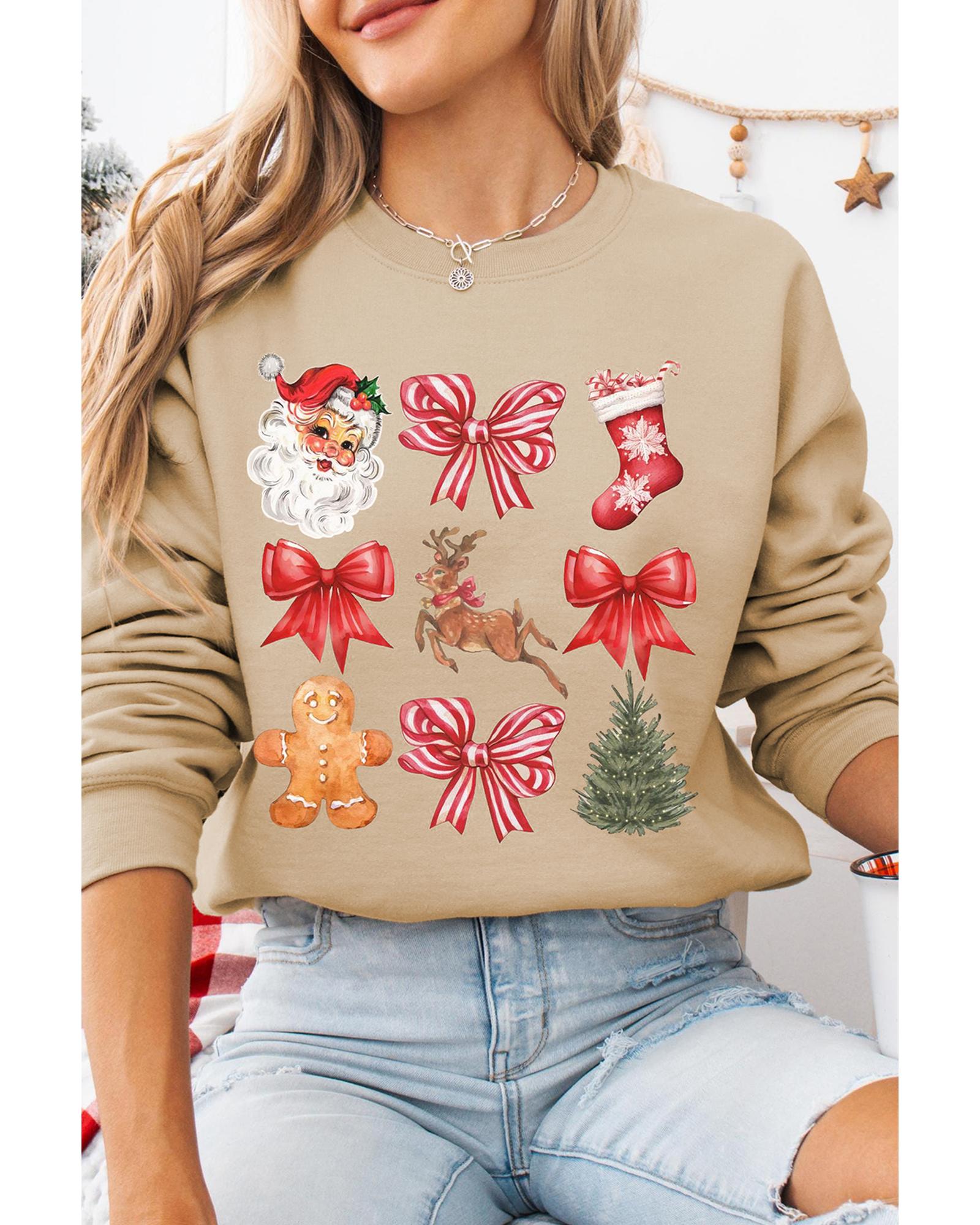 Khaki Christmas Pattern Graphic Crew Neck Sweatshirt - XL