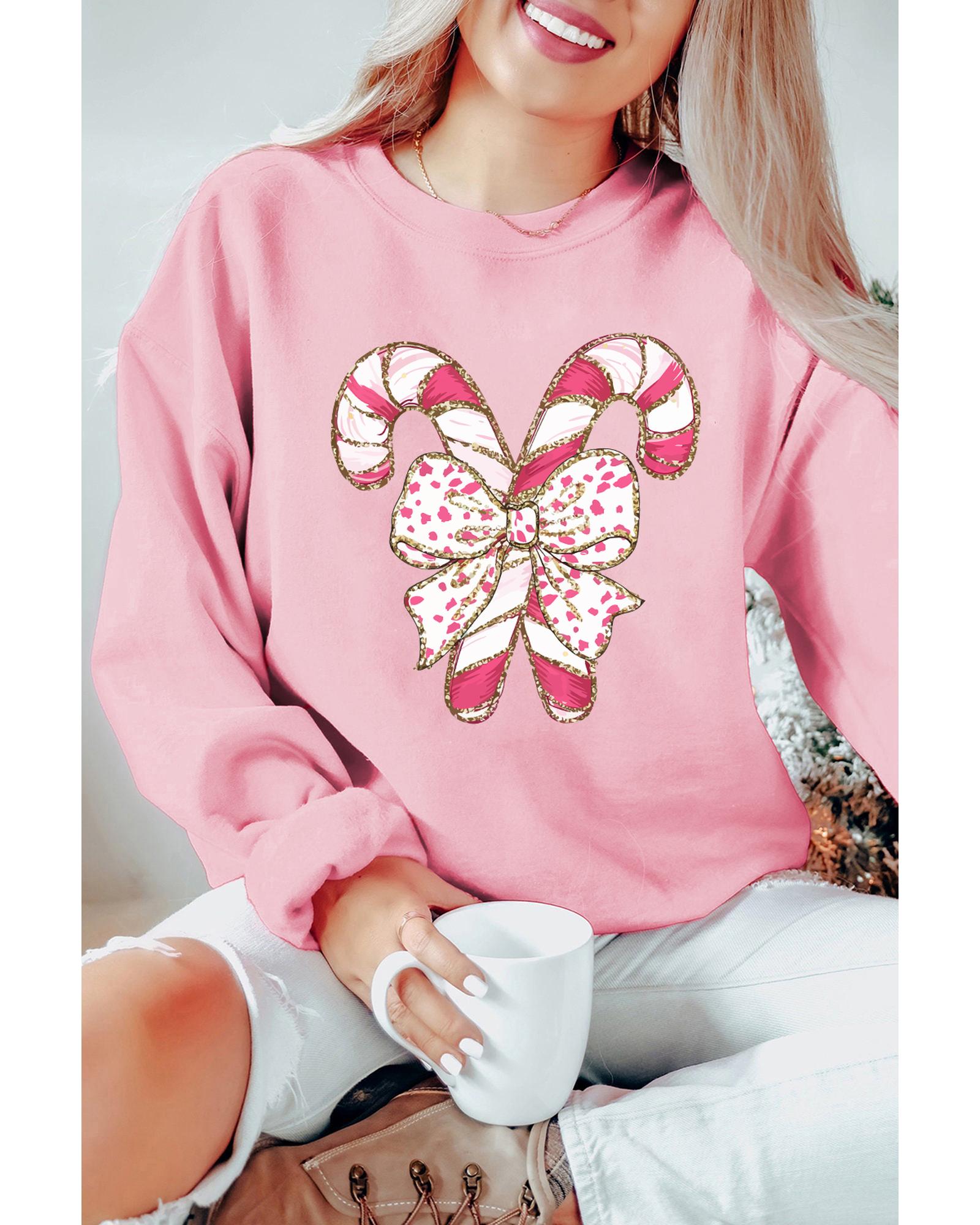 Pink Christmas Bow Candy Cane Graphic Drop Shoulder Crew Neck Sweatshirt - L