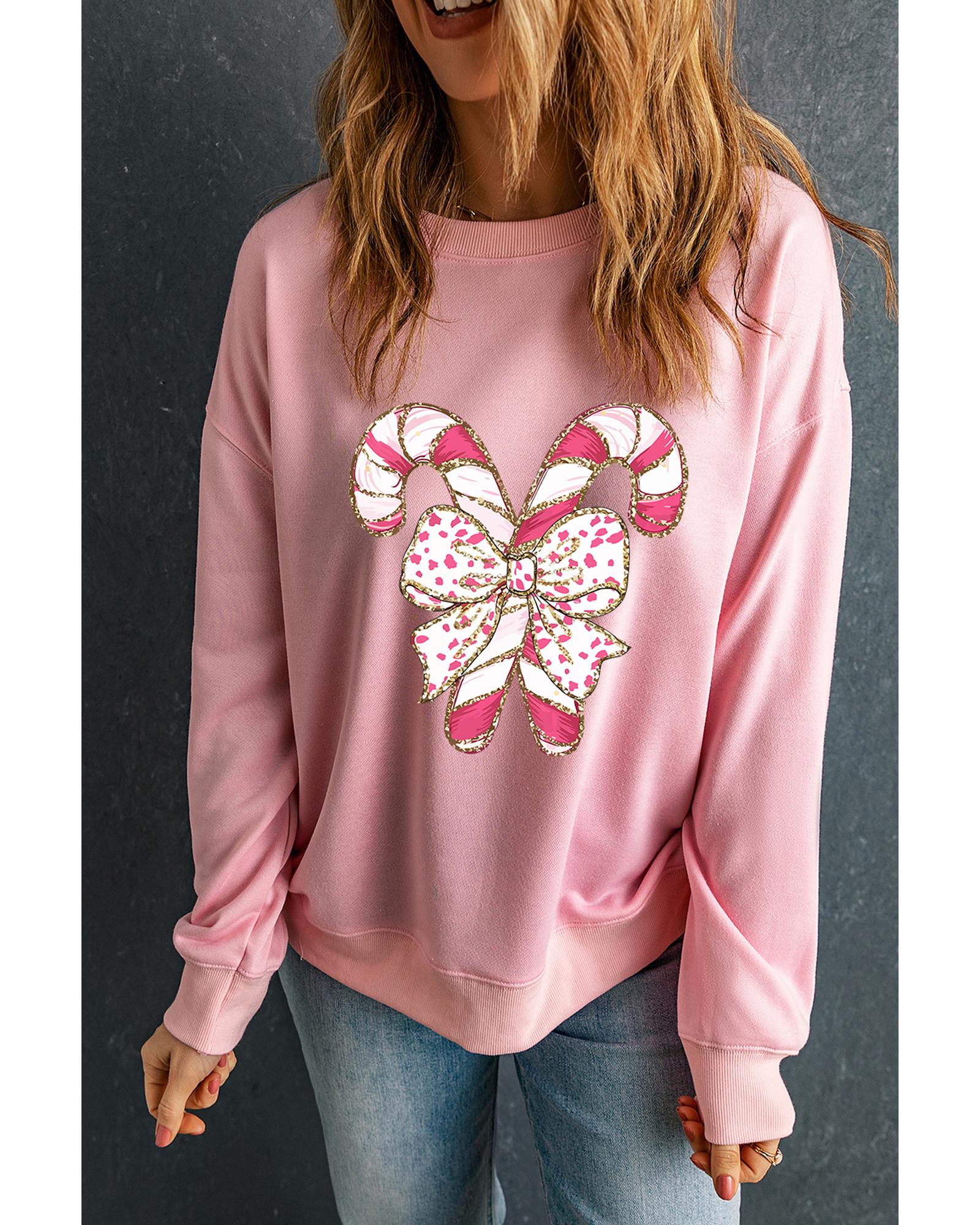 Pink Christmas Bow Candy Cane Graphic Drop Shoulder Crew Neck Sweatshirt - L
