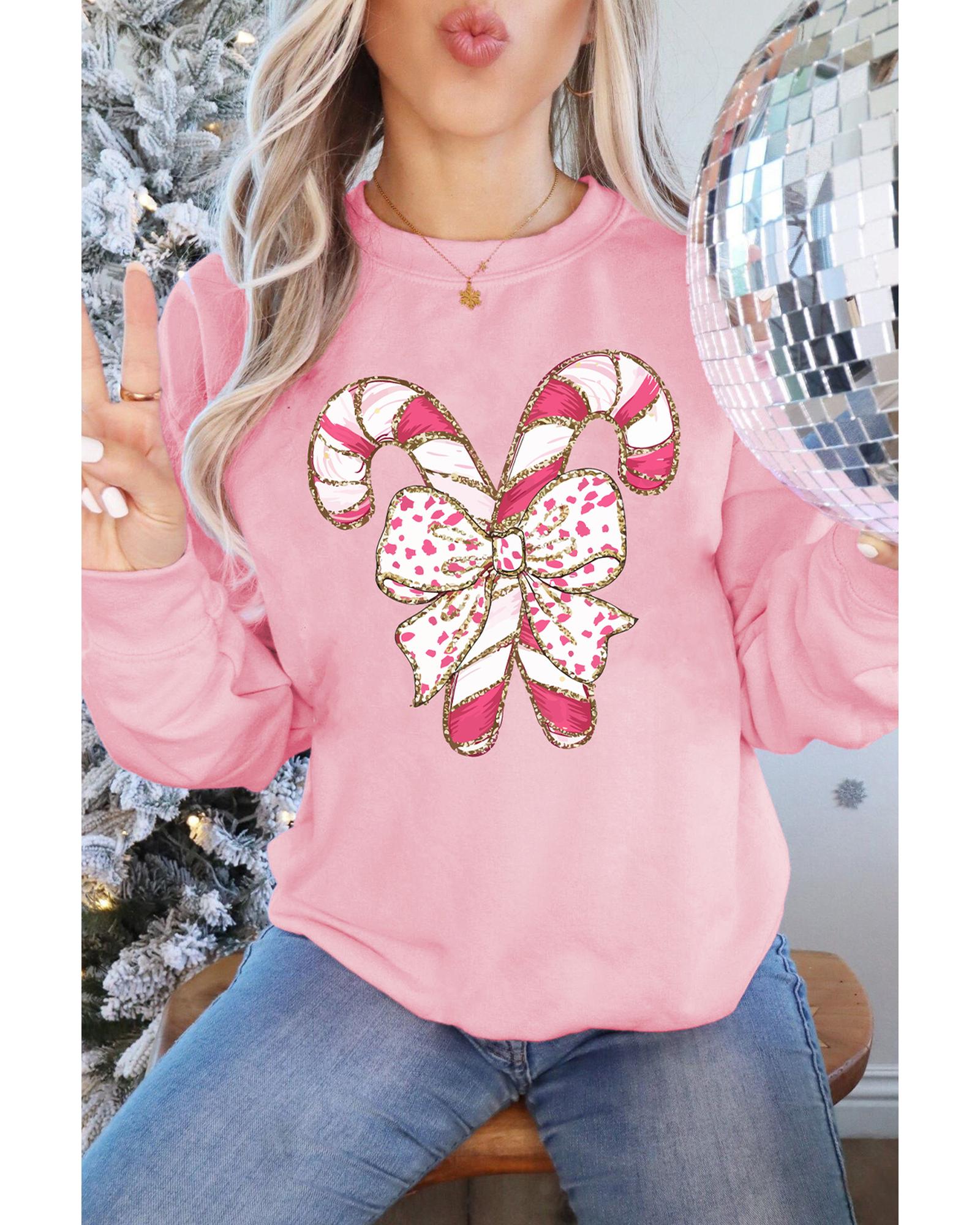 Pink Christmas Bow Candy Cane Graphic Drop Shoulder Crew Neck Sweatshirt - L