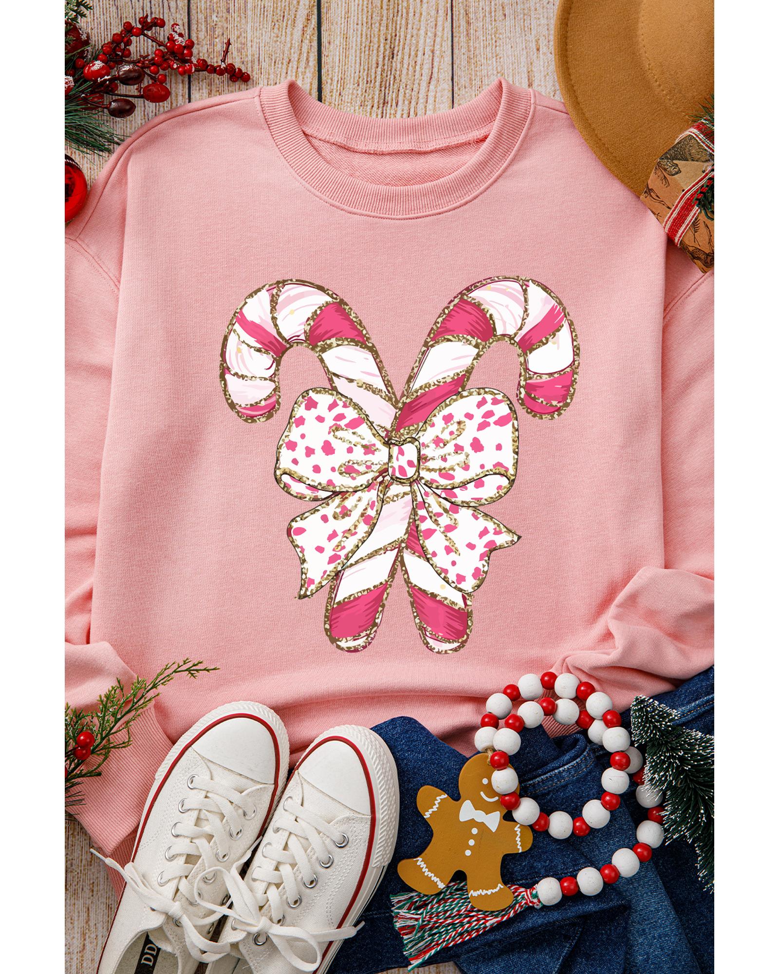 Pink Christmas Bow Candy Cane Graphic Drop Shoulder Crew Neck Sweatshirt - L