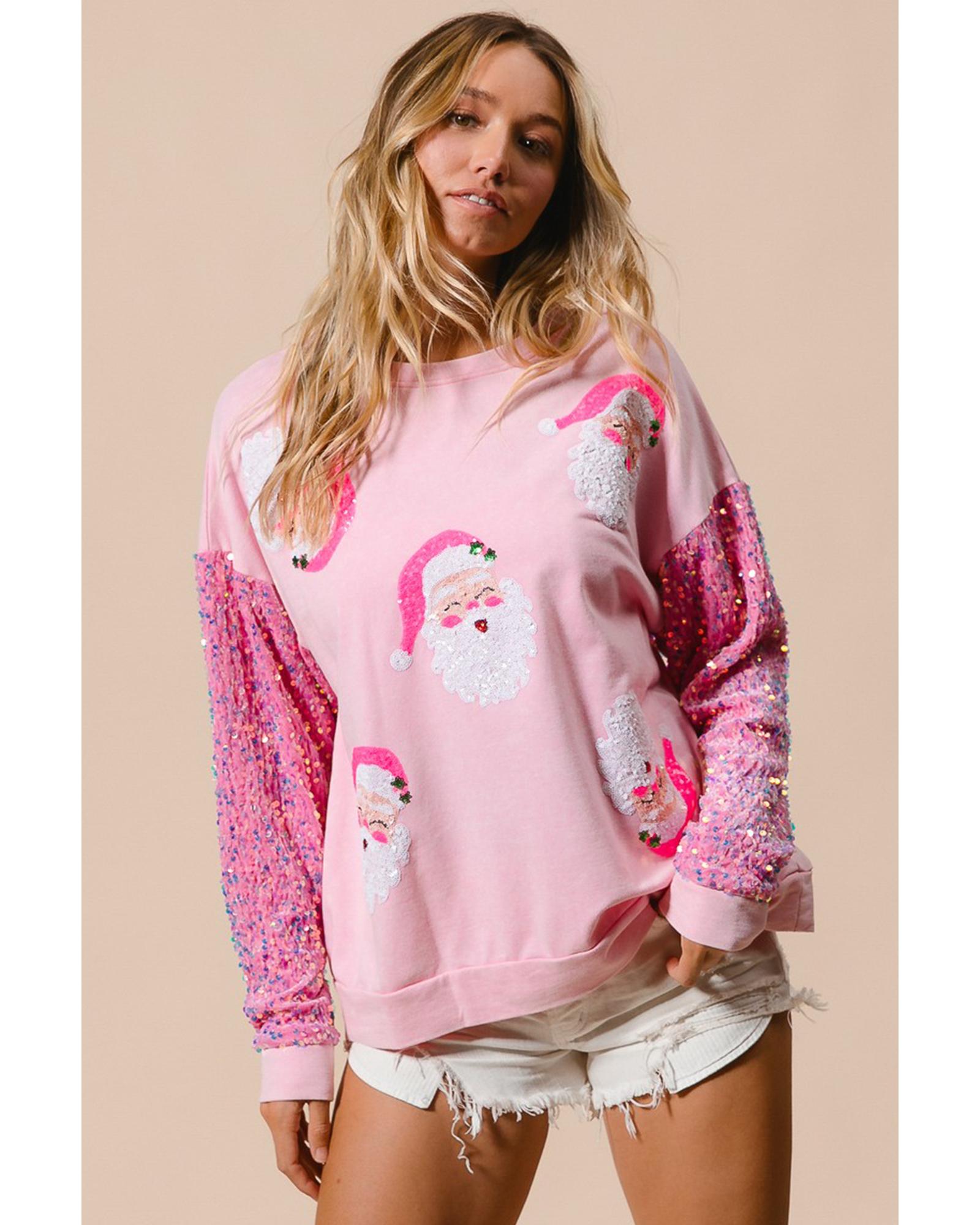 Pink Sequined Santa Claus Long Sleeve Christmas Sweatshirt - L