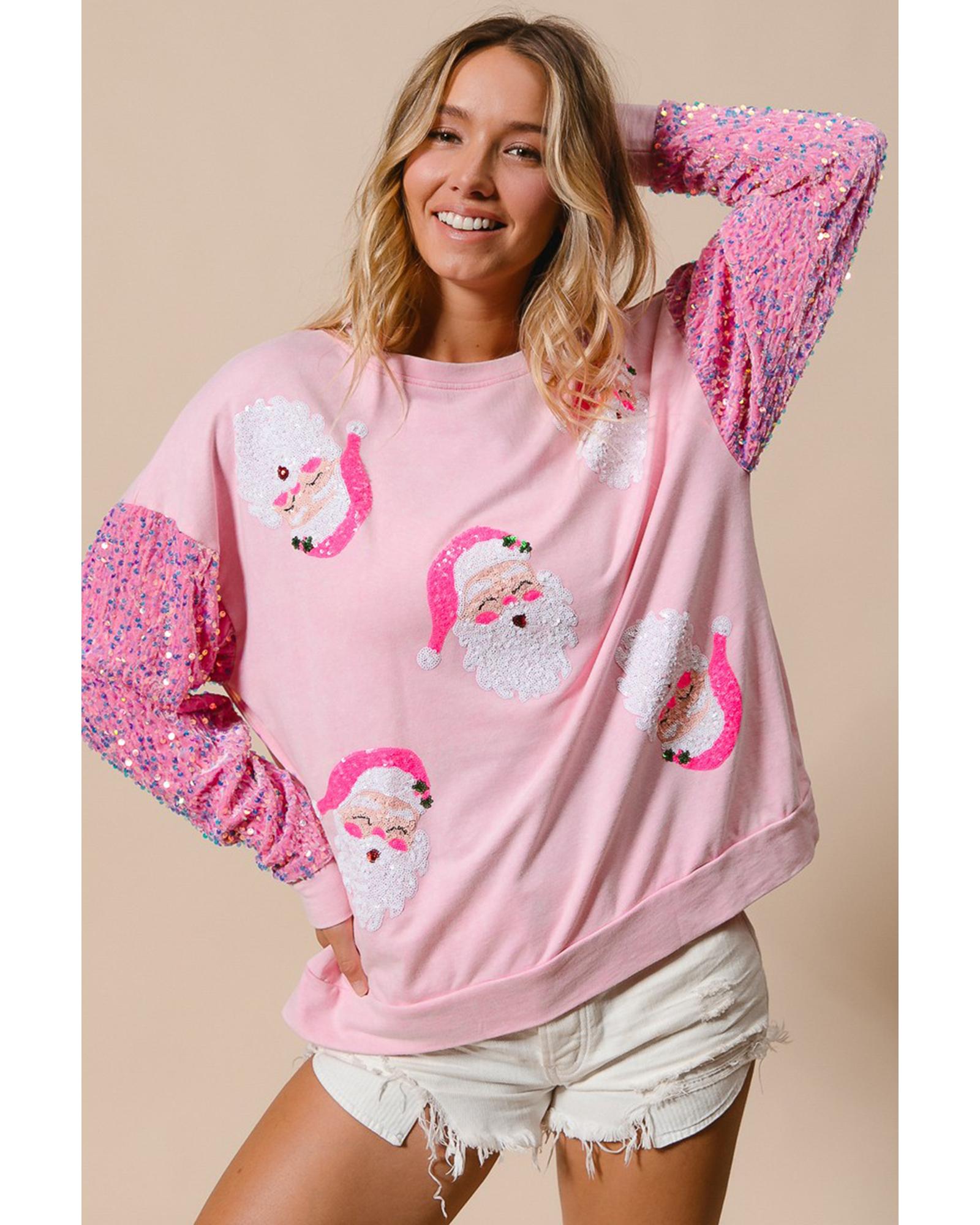 Pink Sequined Santa Claus Long Sleeve Christmas Sweatshirt - S