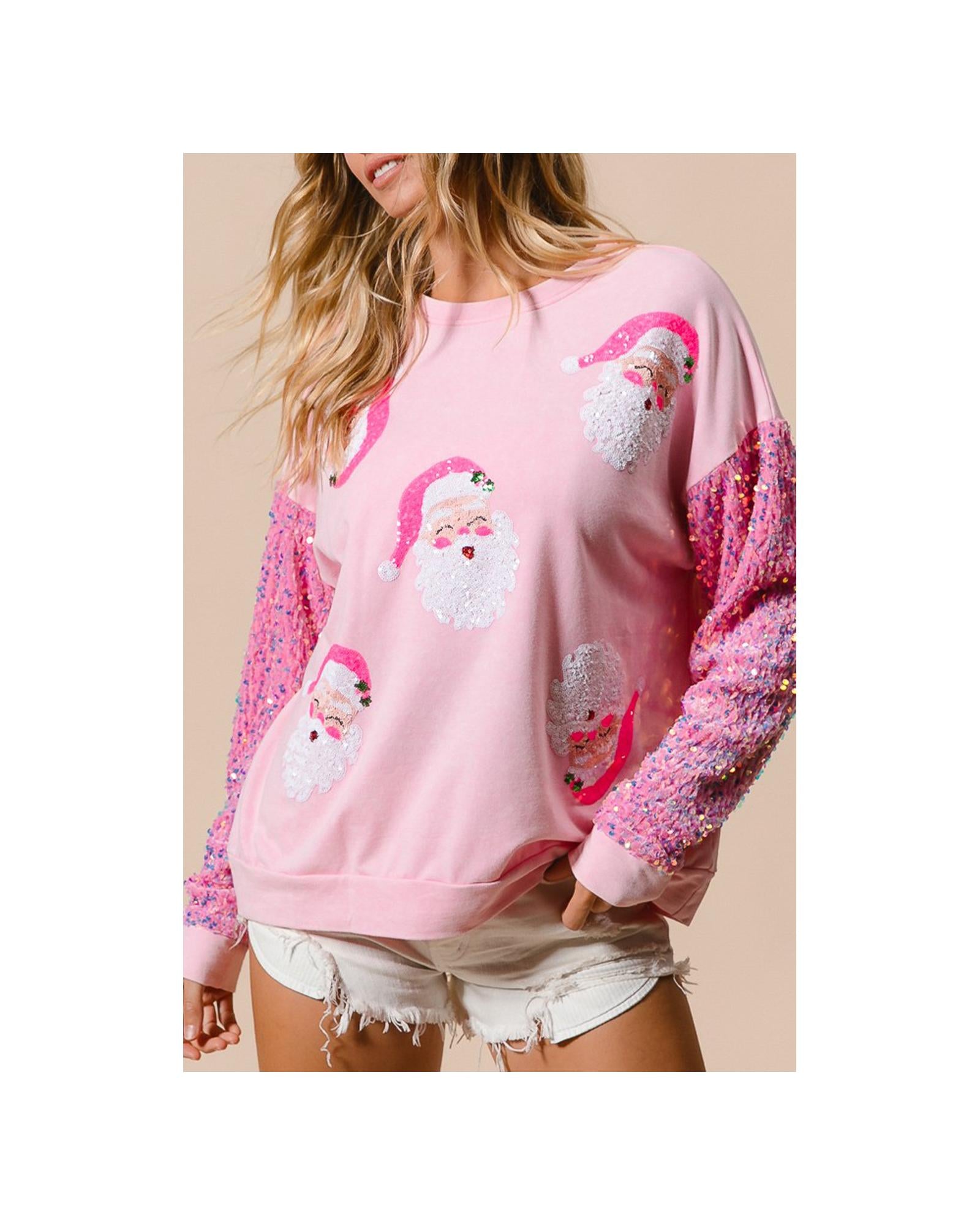 Pink Sequined Santa Claus Long Sleeve Christmas Sweatshirt - XL