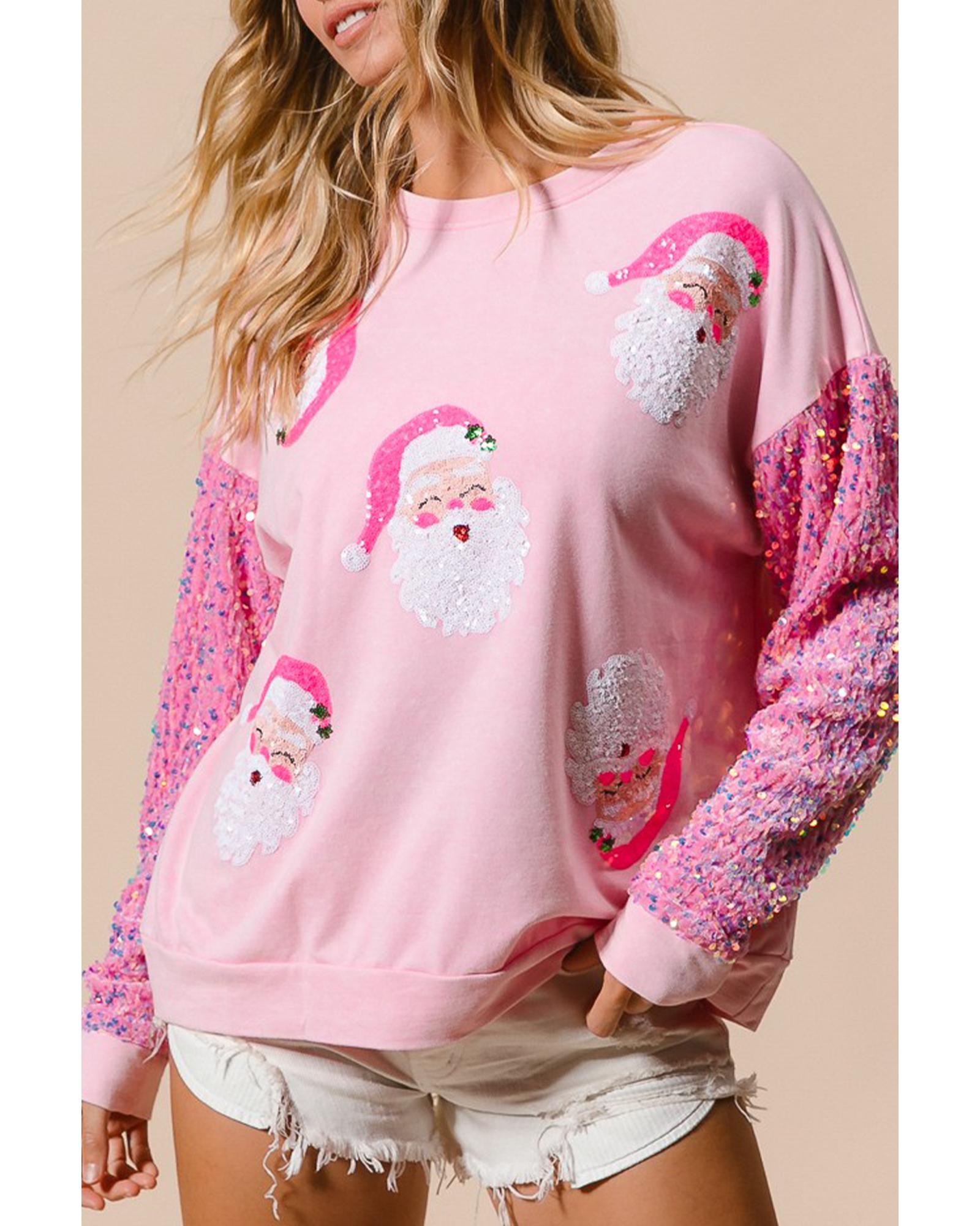 Pink Sequined Santa Claus Long Sleeve Christmas Sweatshirt - XL