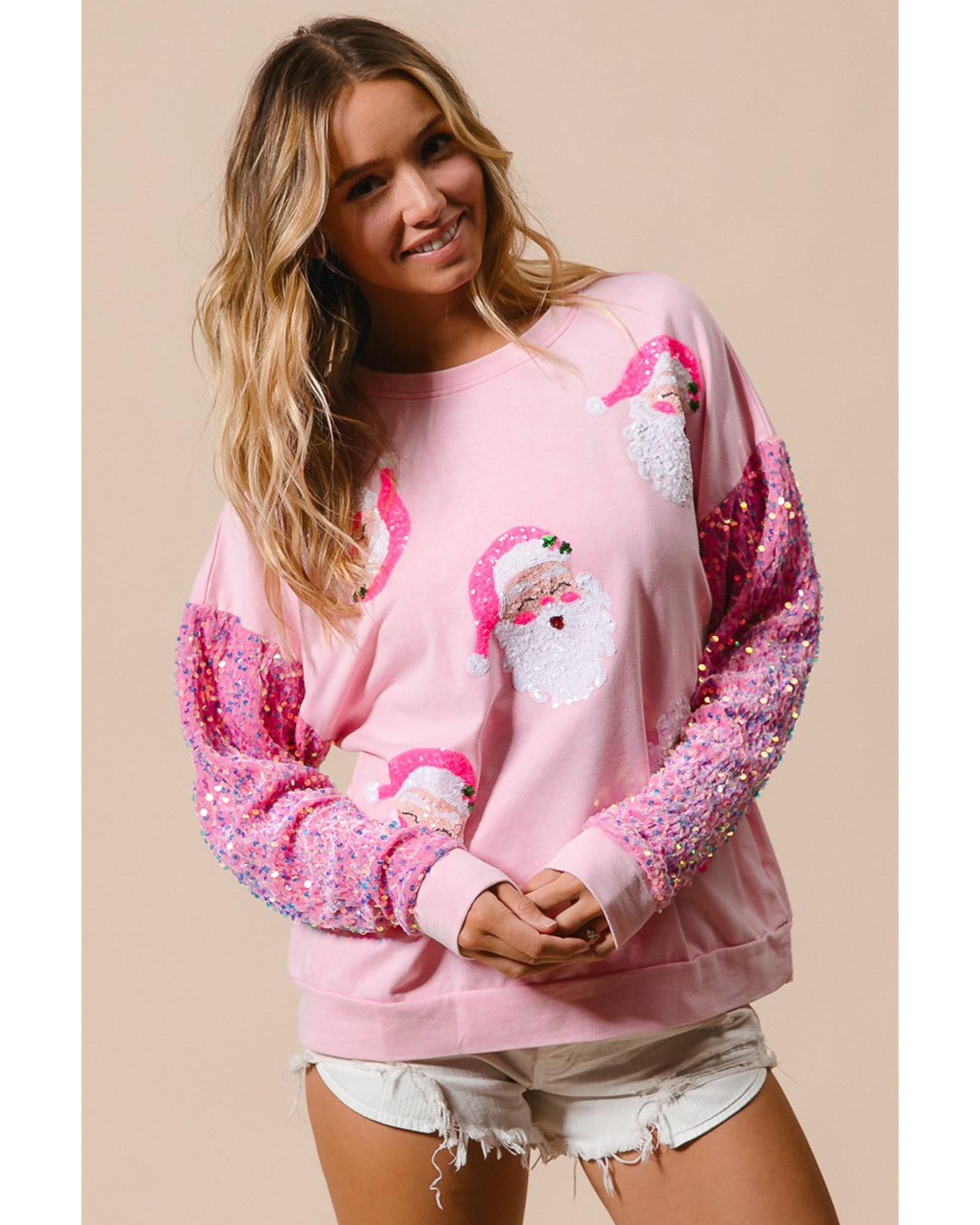 Pink Sequined Santa Claus Long Sleeve Christmas Sweatshirt - XL