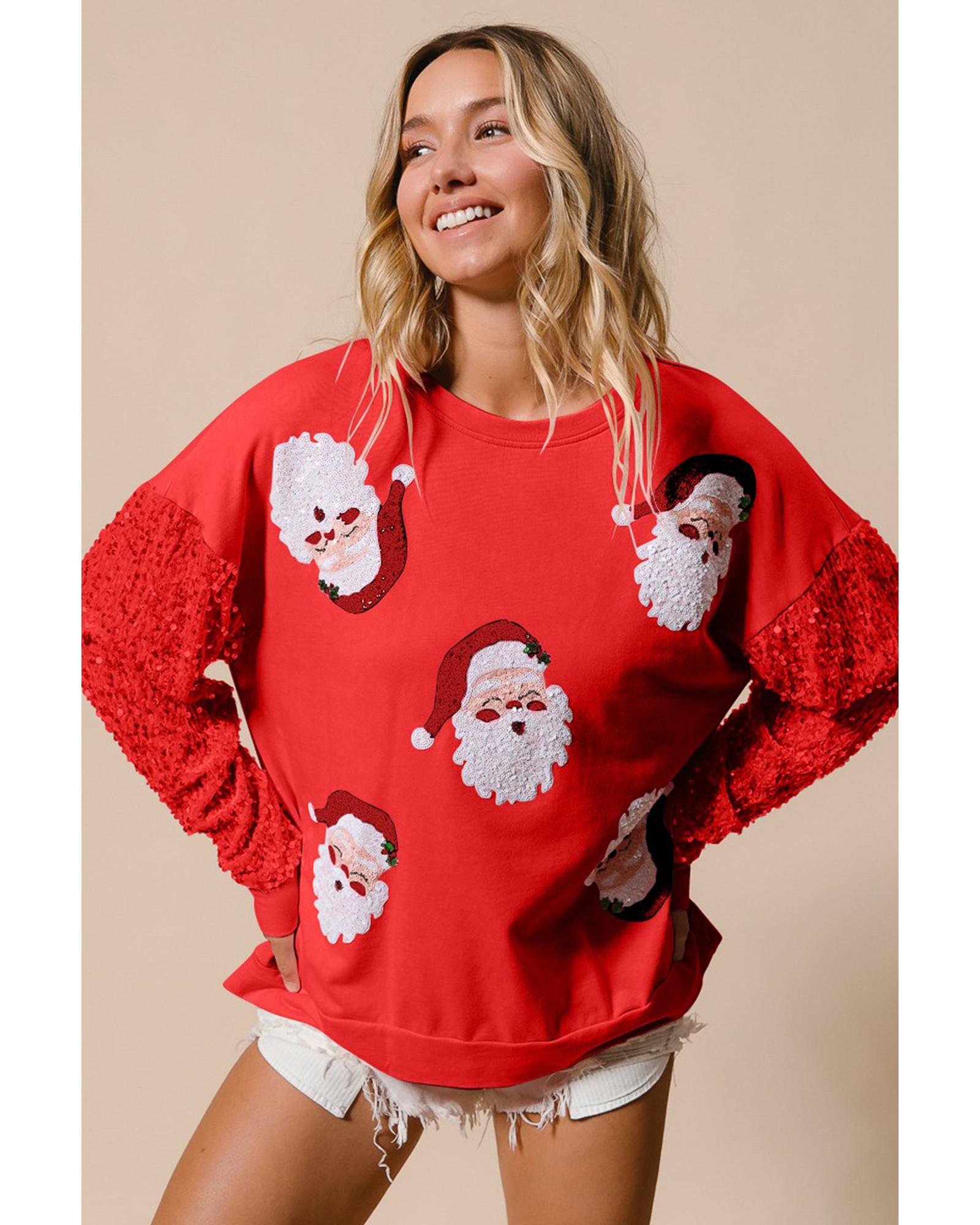 Fiery Red Sequined Santa Claus Long Sleeve Christmas Sweatshirt - M