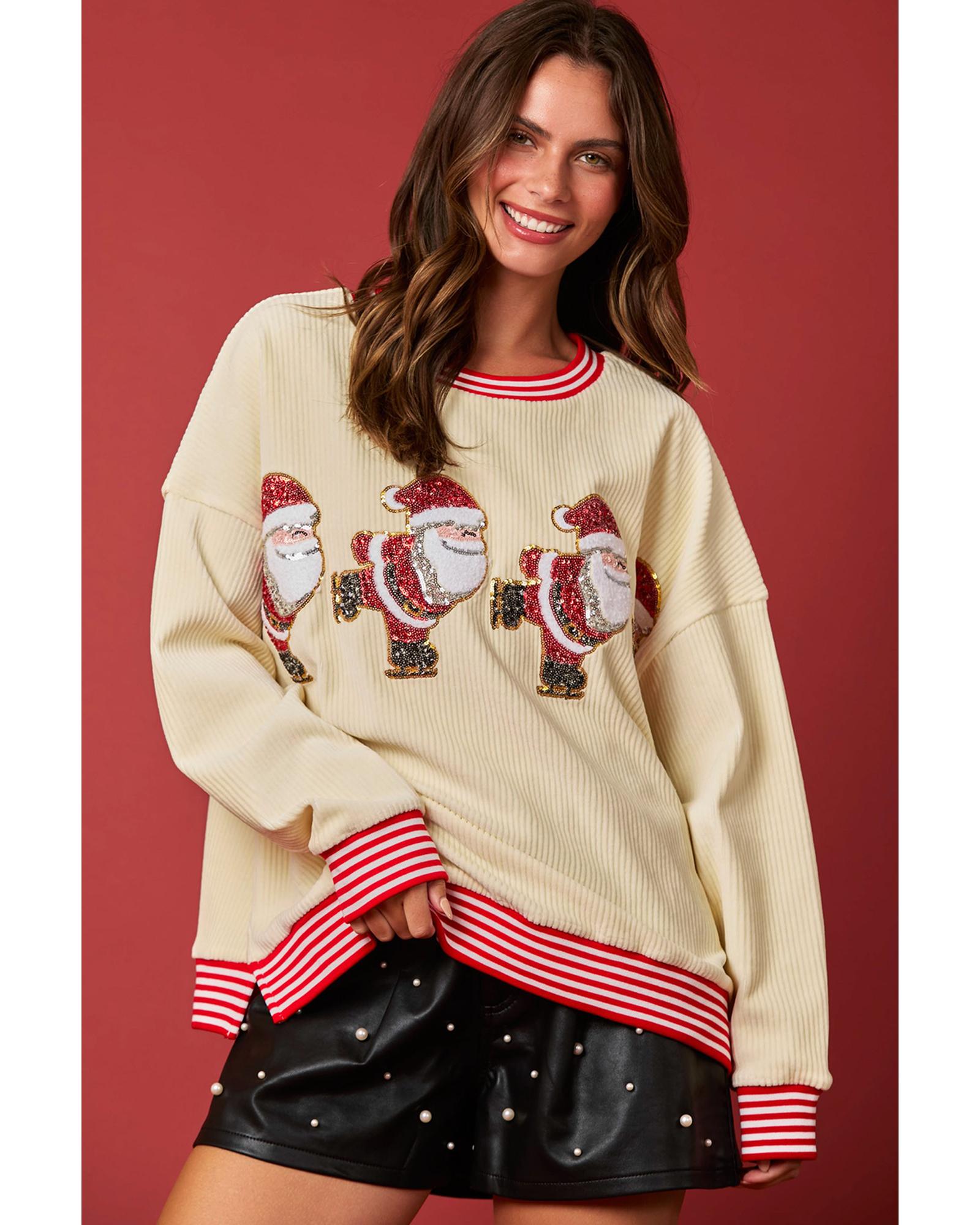 Beige Santa Skiing Graphic Striped Trim Corded Sweatshirt - M