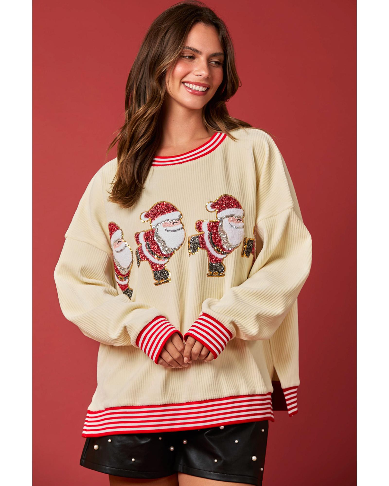 Beige Santa Skiing Graphic Striped Trim Corded Sweatshirt - M