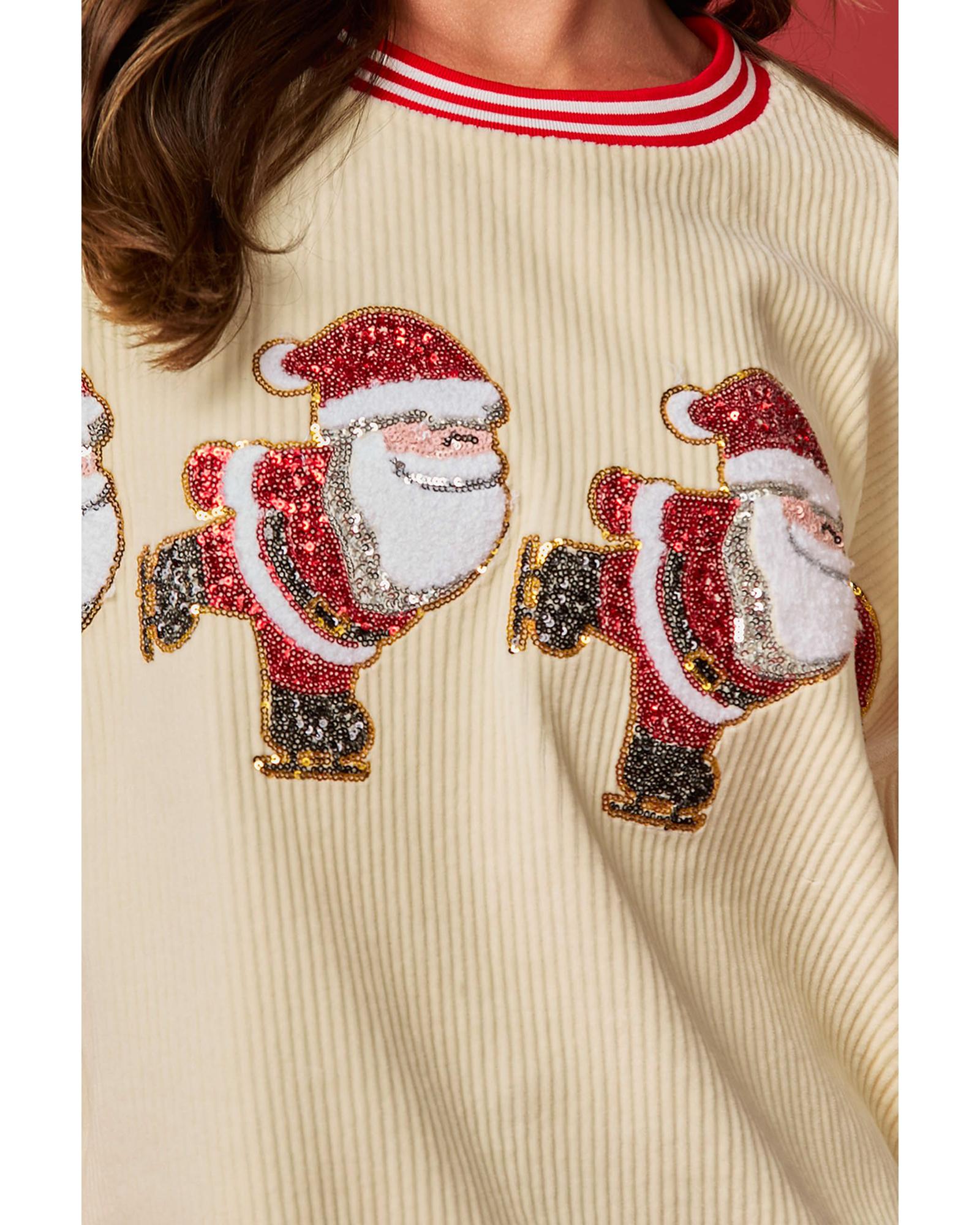 Beige Santa Skiing Graphic Striped Trim Corded Sweatshirt - M