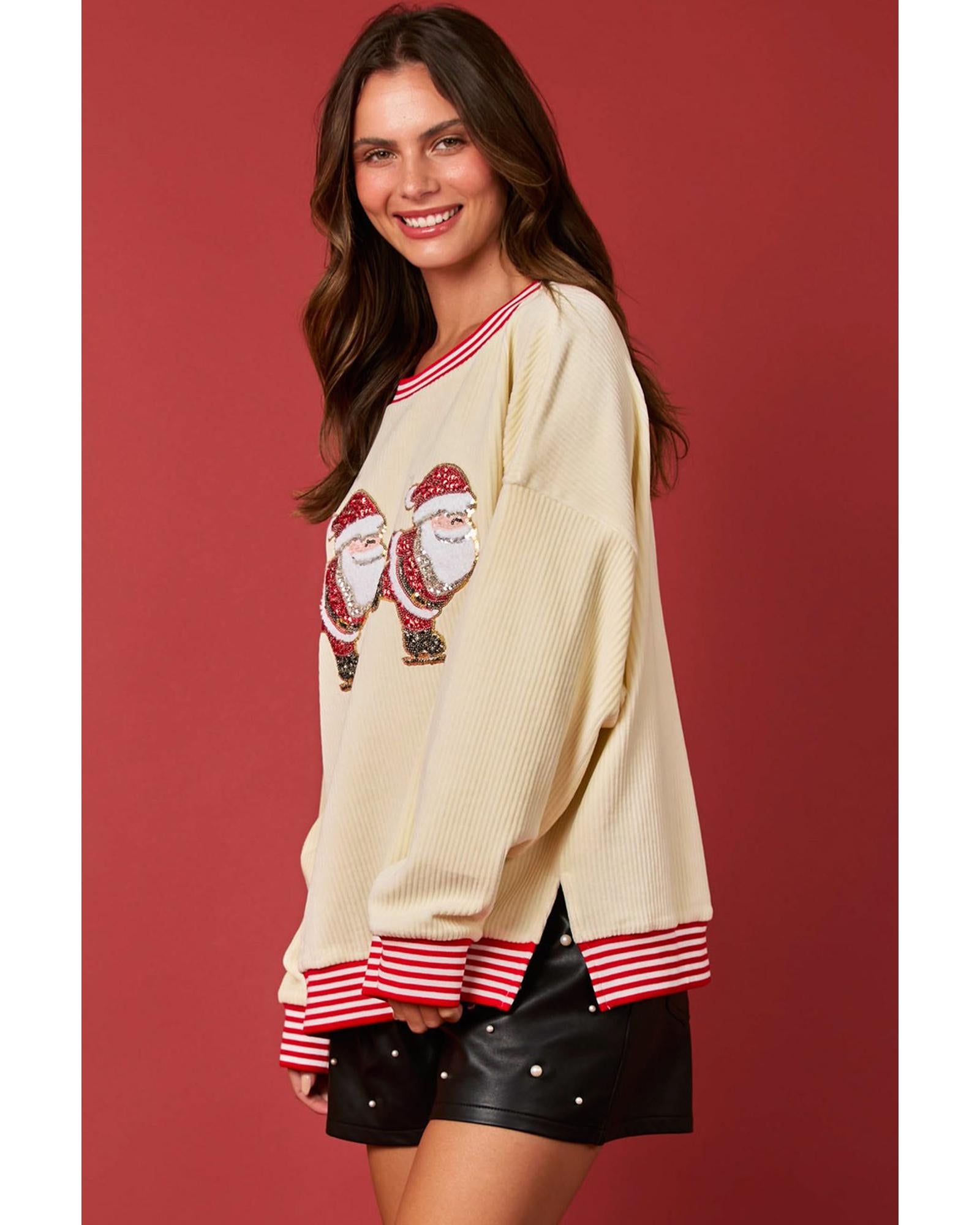 Beige Santa Skiing Graphic Striped Trim Corded Sweatshirt - S