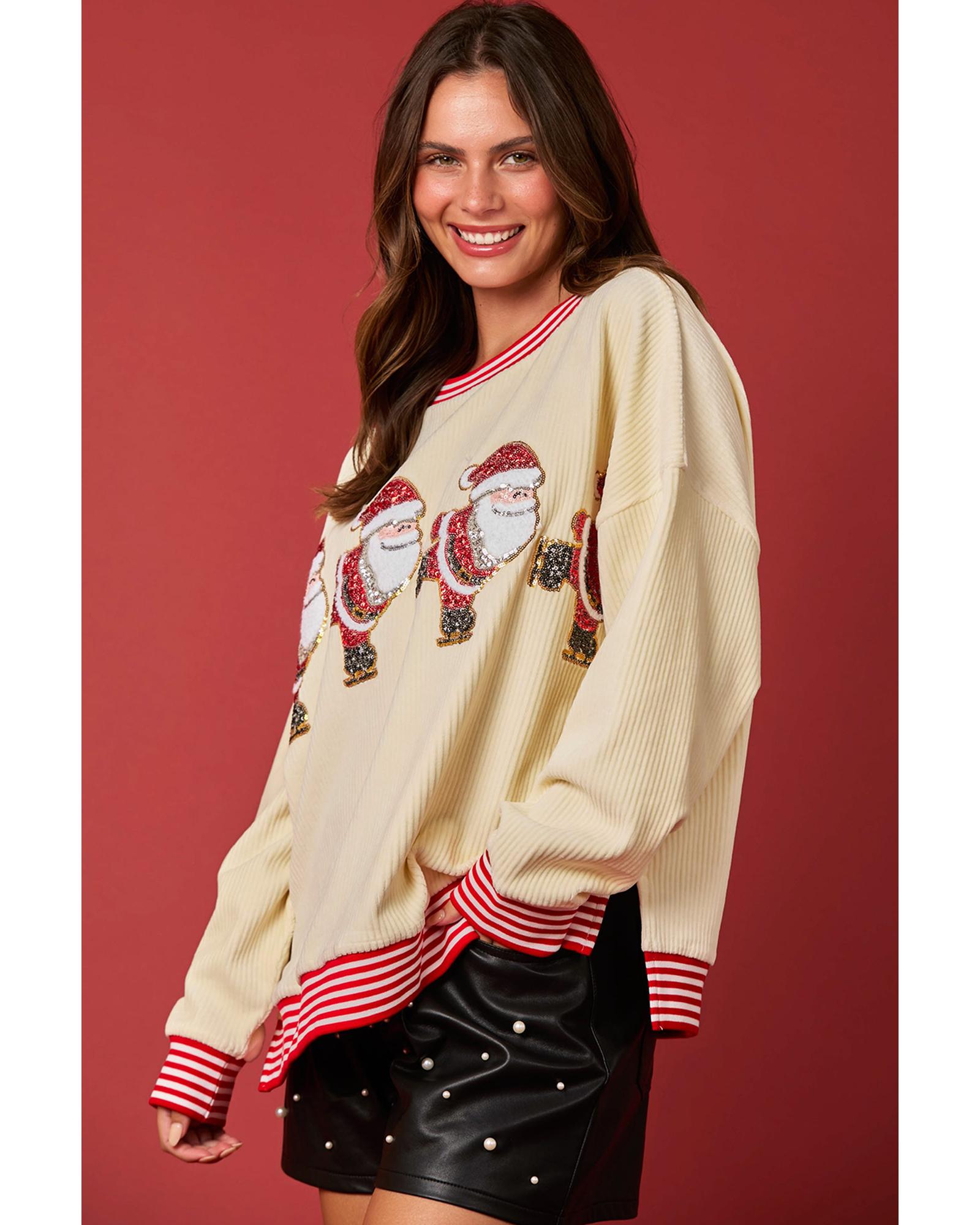 Beige Santa Skiing Graphic Striped Trim Corded Sweatshirt - XL