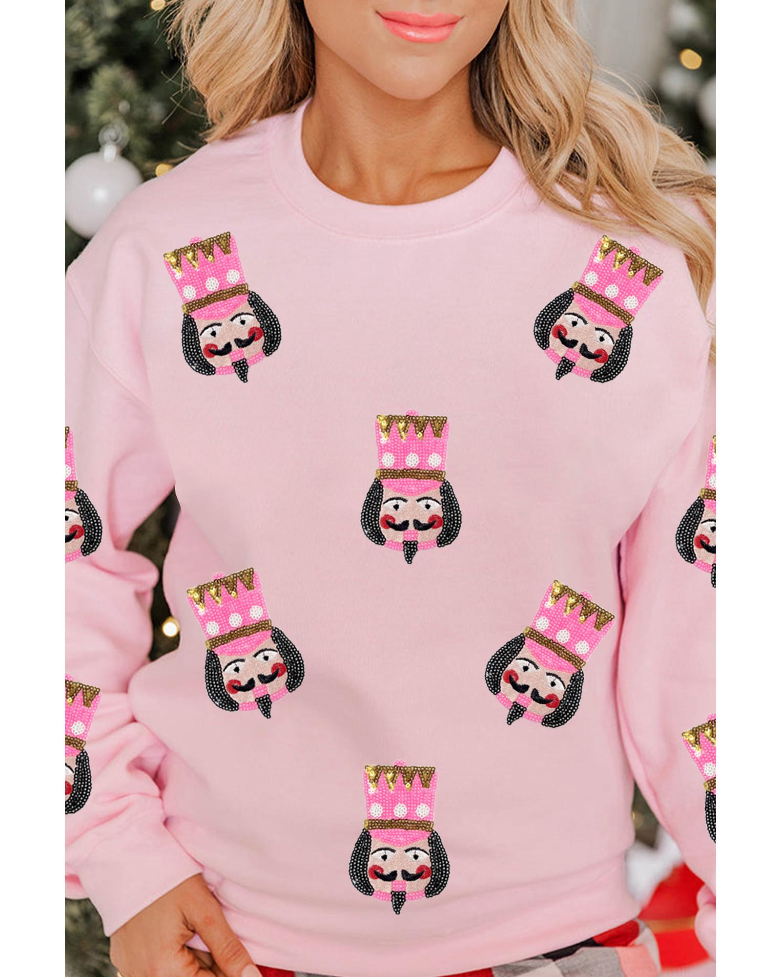 Pink Sequin Nutcracker Graphic Drop Shoulder Christmas Sweatshirt - L