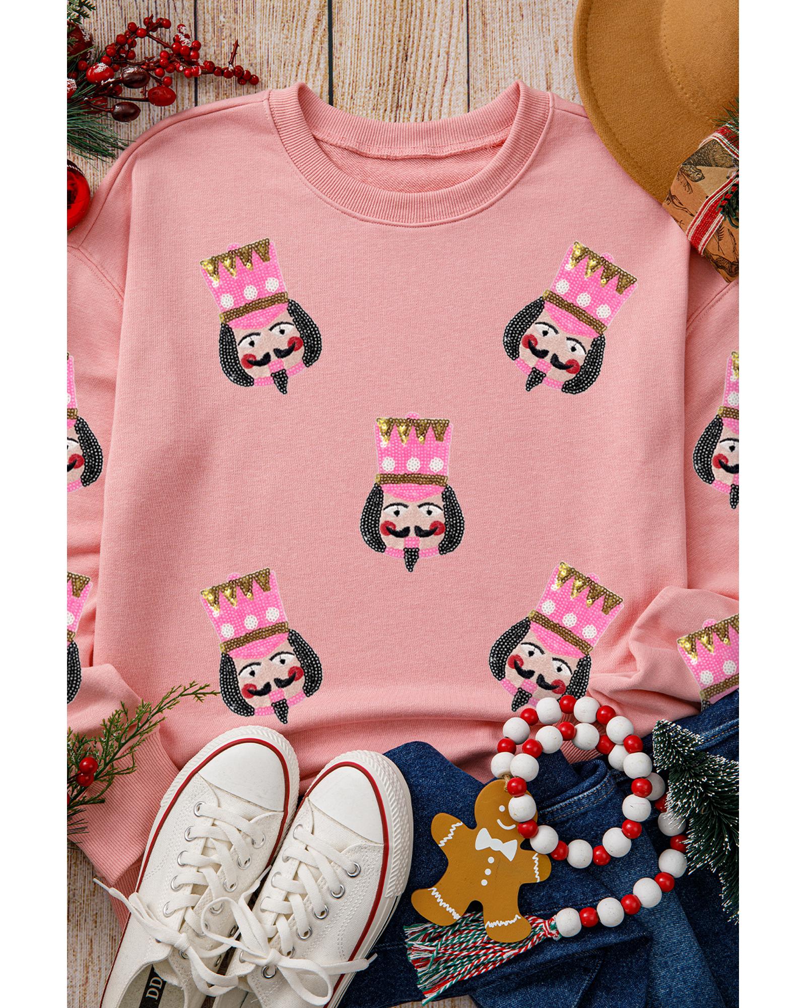 Pink Sequin Nutcracker Graphic Drop Shoulder Christmas Sweatshirt - L