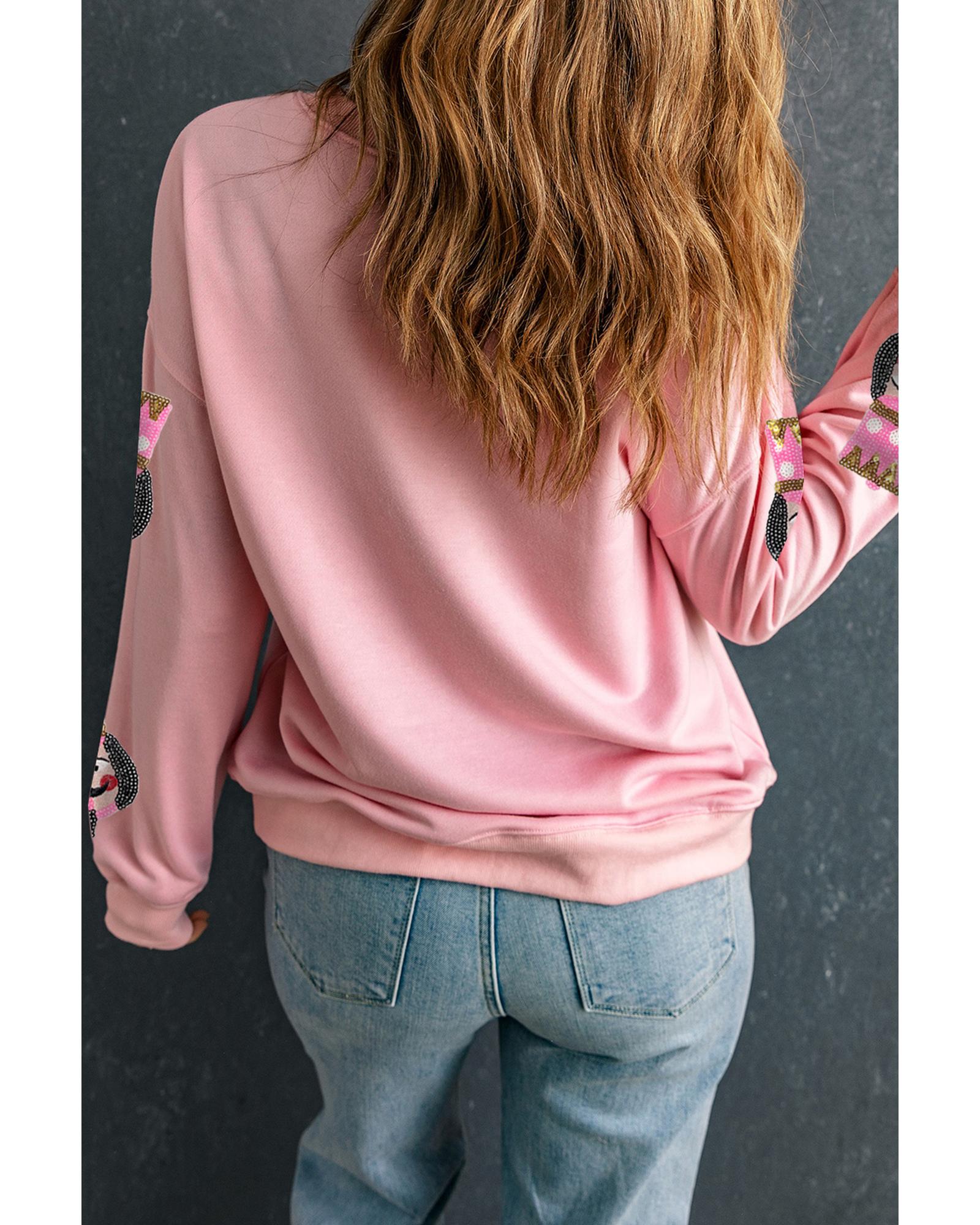 Pink Sequin Nutcracker Graphic Drop Shoulder Christmas Sweatshirt - XL