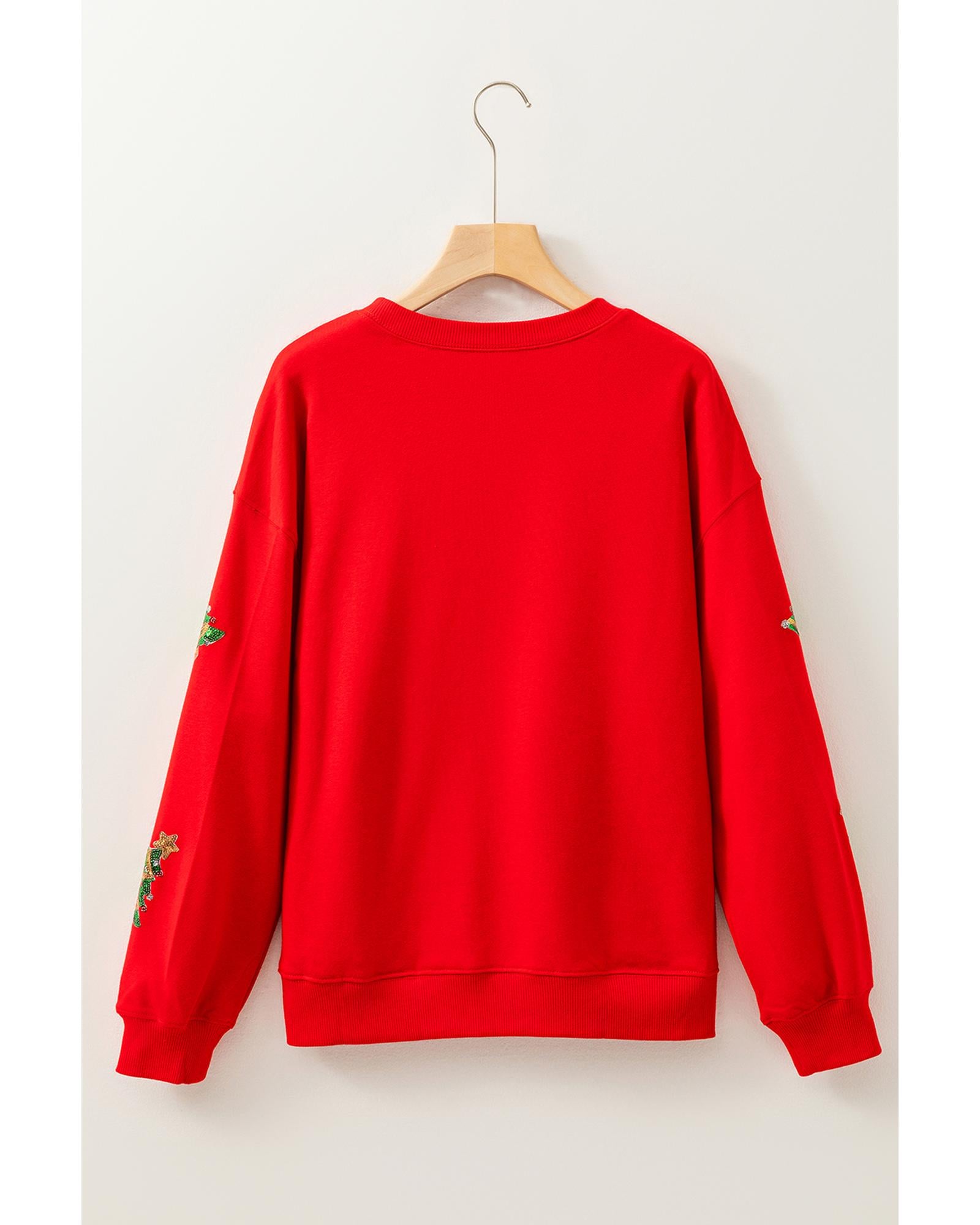 Red Sequin Christmas Tree Graphic Drop Shoulder Sweatshirt - S
