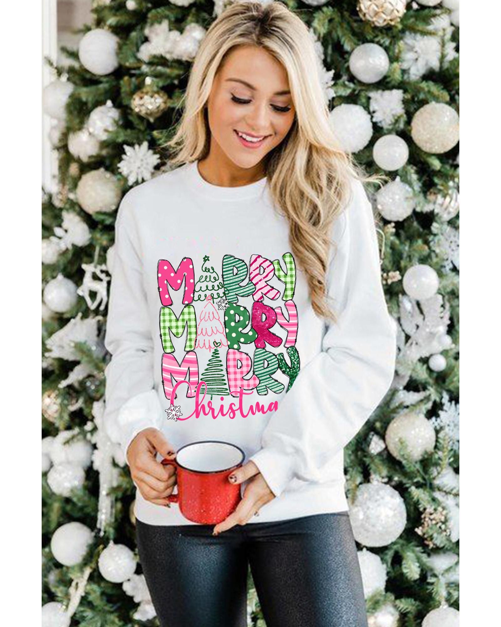 Beige MERRY Christmas Printed Drop Shoulder Pullover Sweatshirt - M