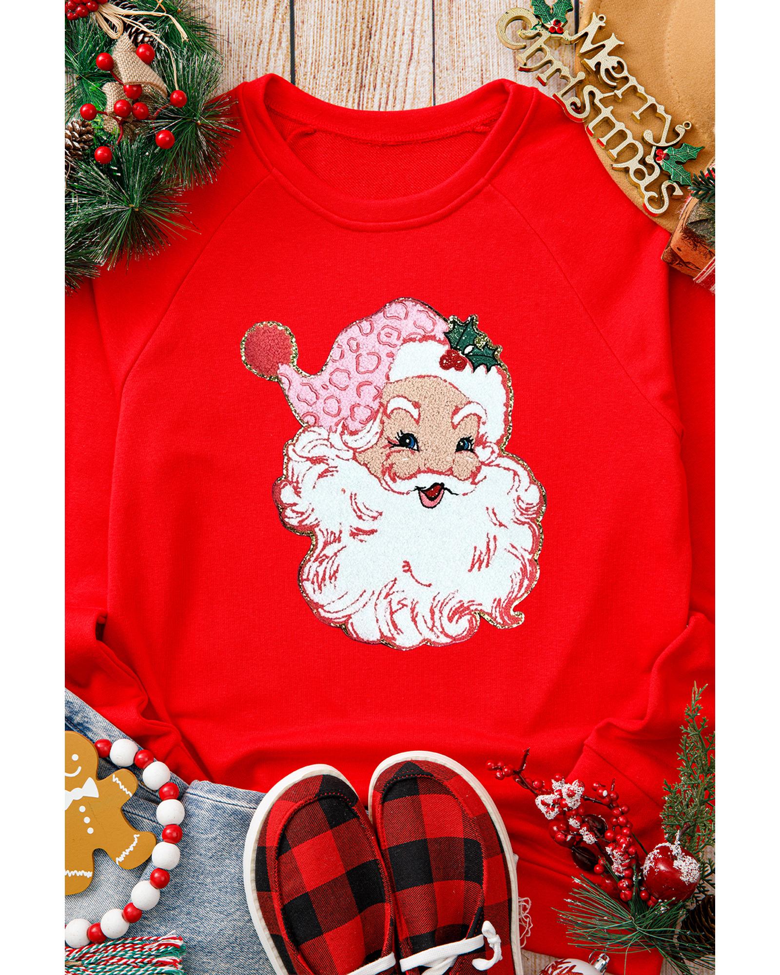 Red Santa Claus Graphic Crewneck Raglan Sleeve Christmas Sweatshirt - XL
