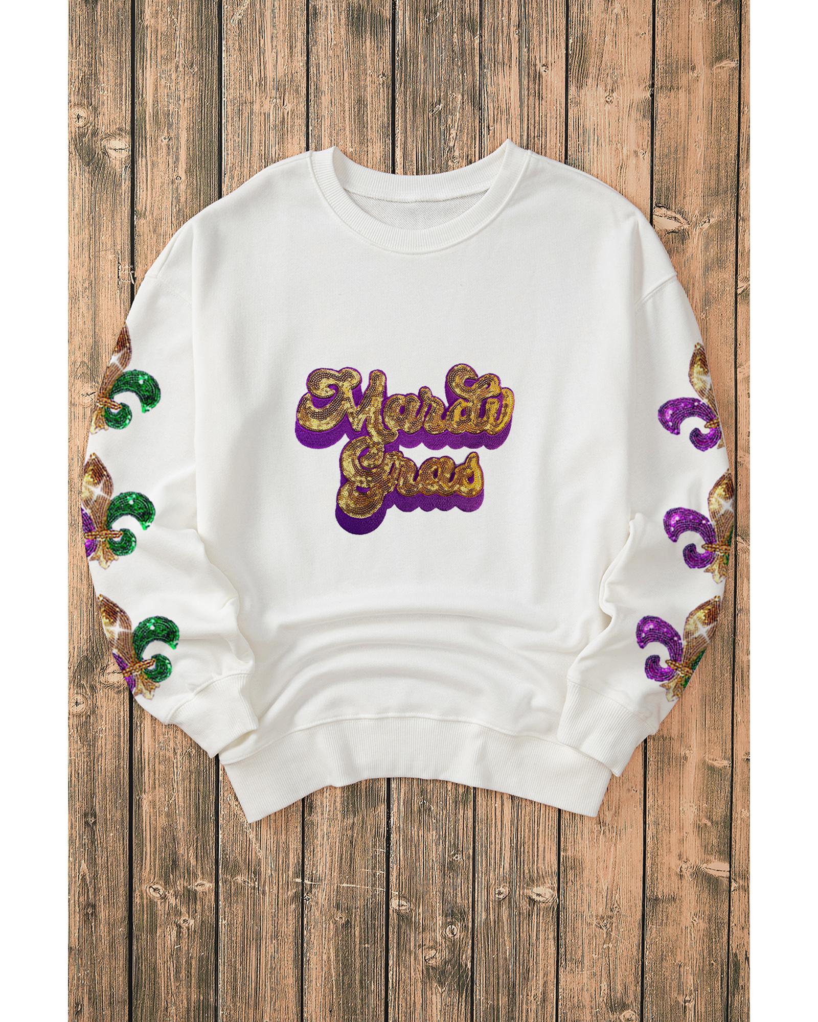 Beige Sequin Mardi Gras Patched Pattern Fleur de Lis Sleeve Sweatshirt - S