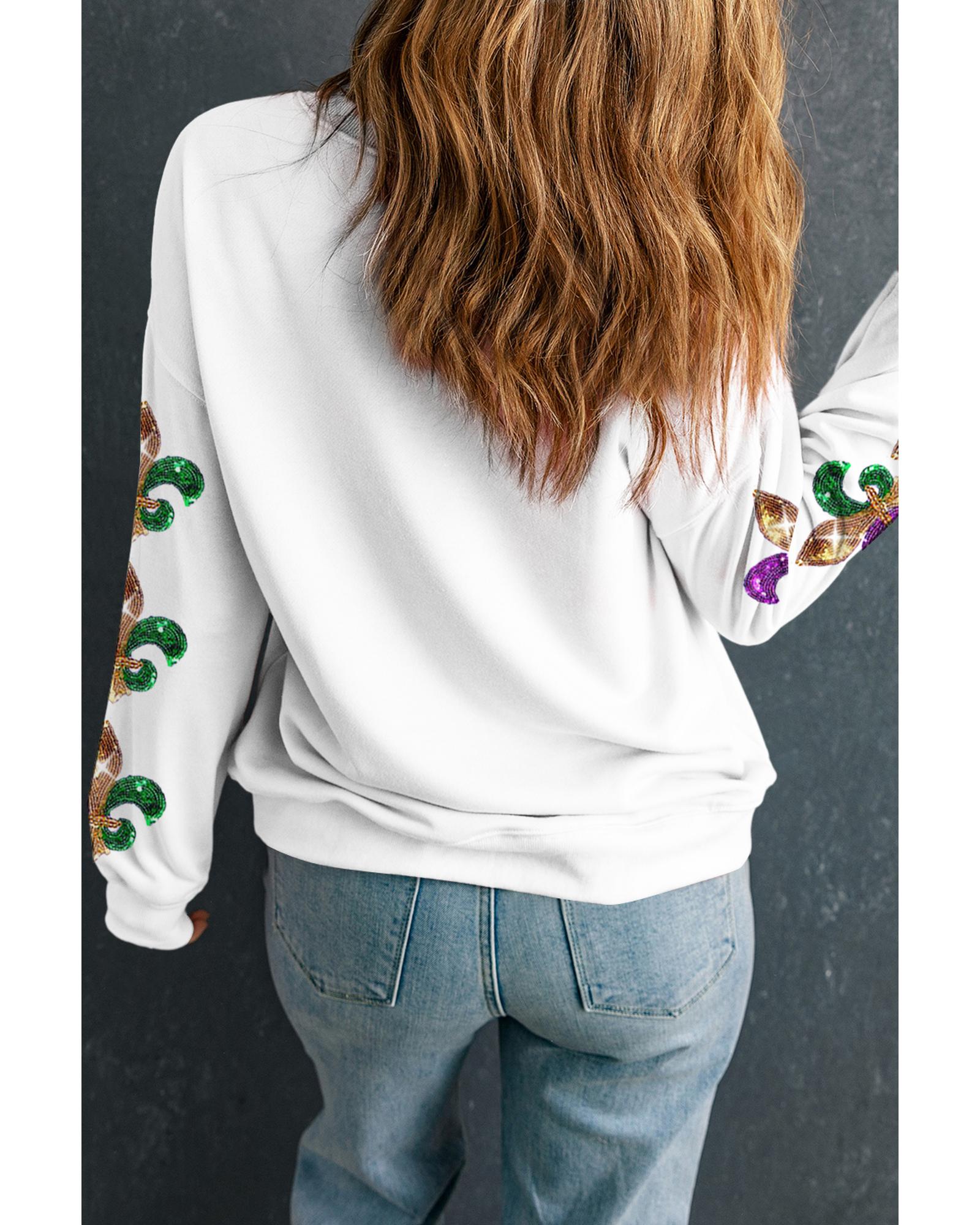 Beige Sequin Mardi Gras Patched Pattern Fleur de Lis Sleeve Sweatshirt - S