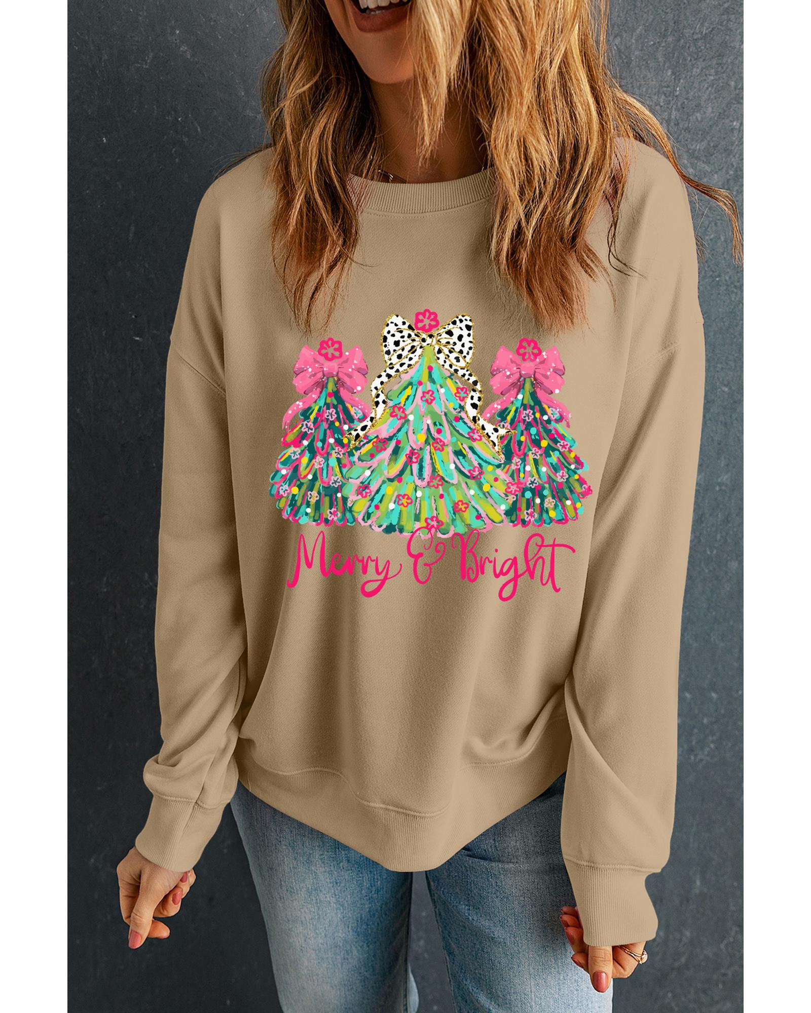 Khaki Merry & Bright Christmas Tree Print Pullover Sweatshirt - S