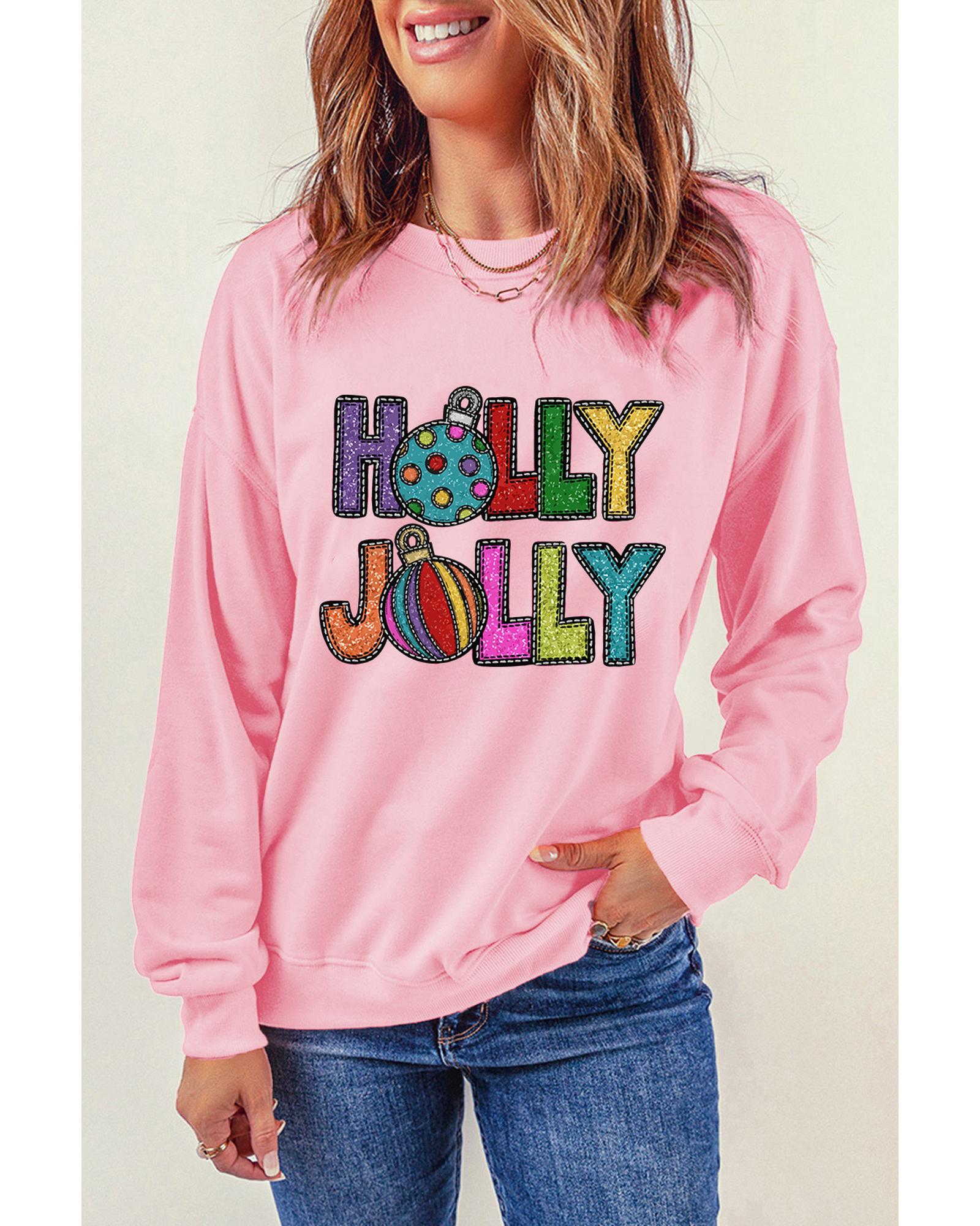 Pink HOLLY JOLLY Christmas Festive Letter Graphic Sweatshirt - S