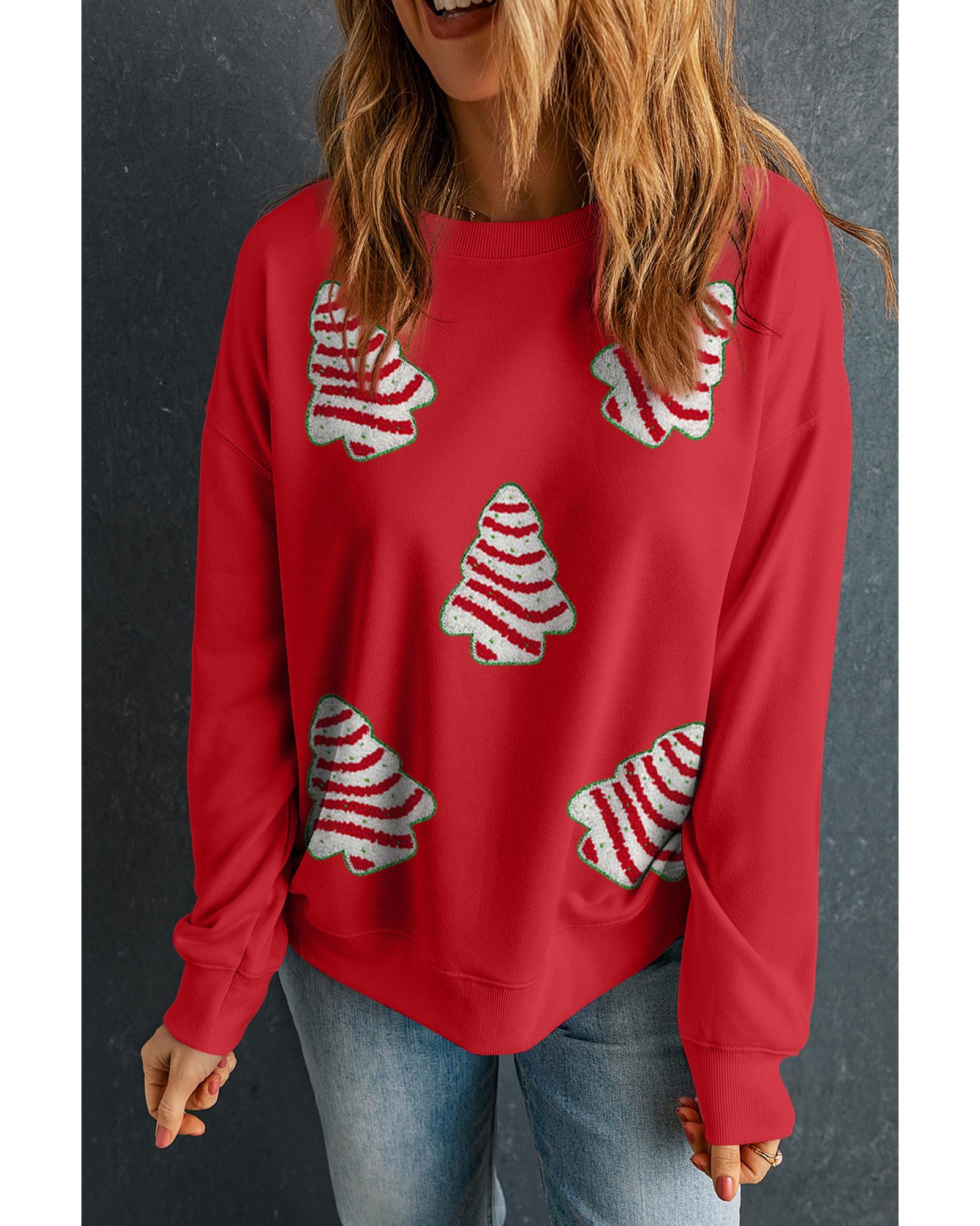 Red Playful Christmas Tree Patched Dropped Shoulder Sweatshirt - S