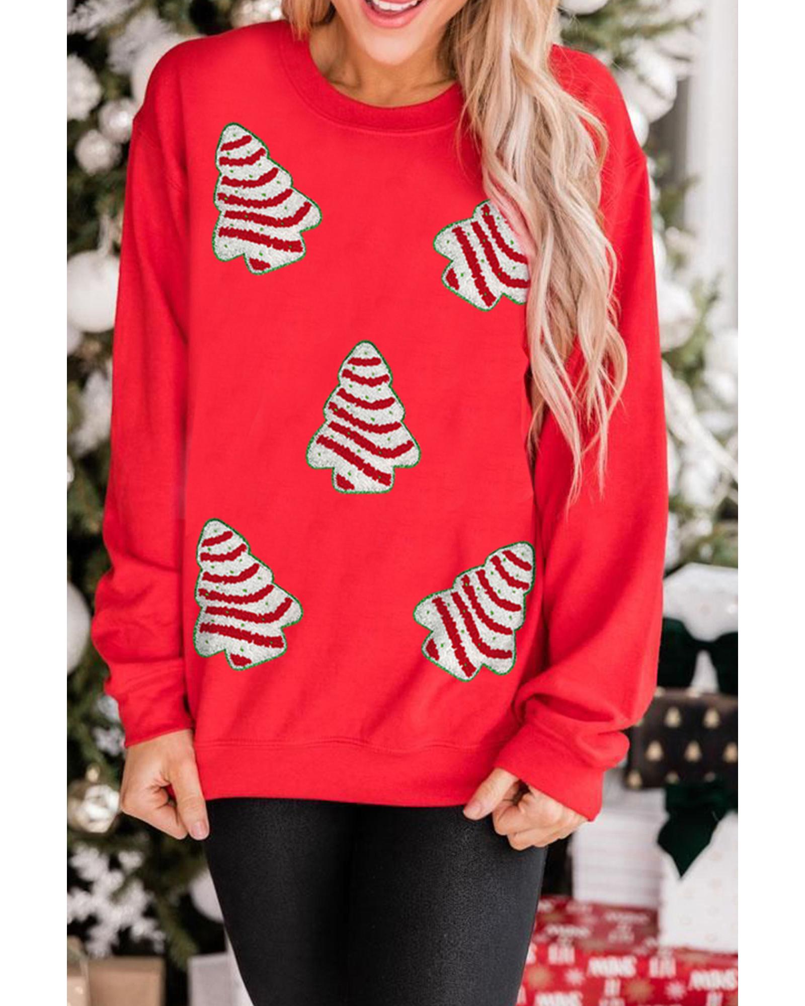 Red Playful Christmas Tree Patched Dropped Shoulder Sweatshirt - S