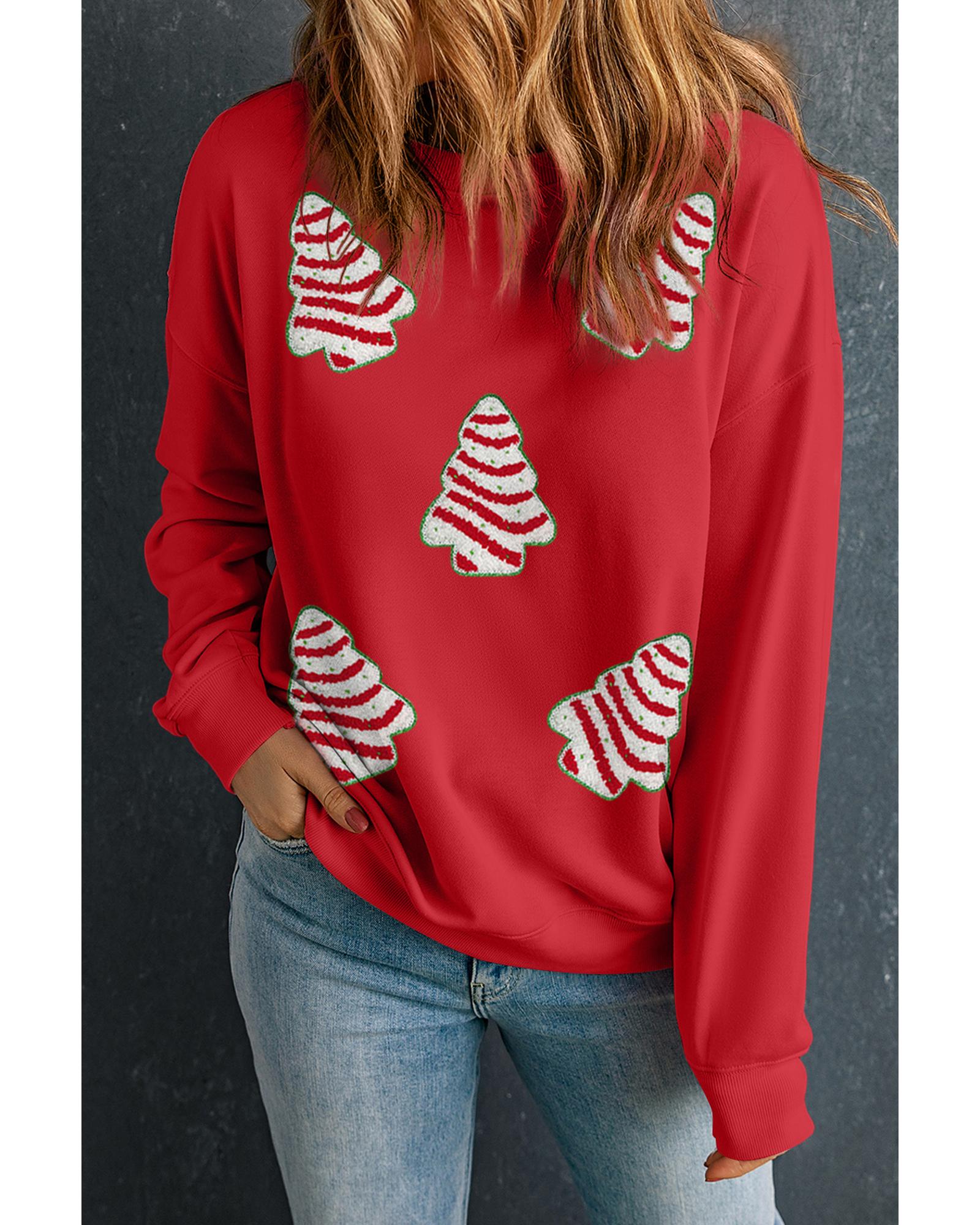 Red Playful Christmas Tree Patched Dropped Shoulder Sweatshirt - S