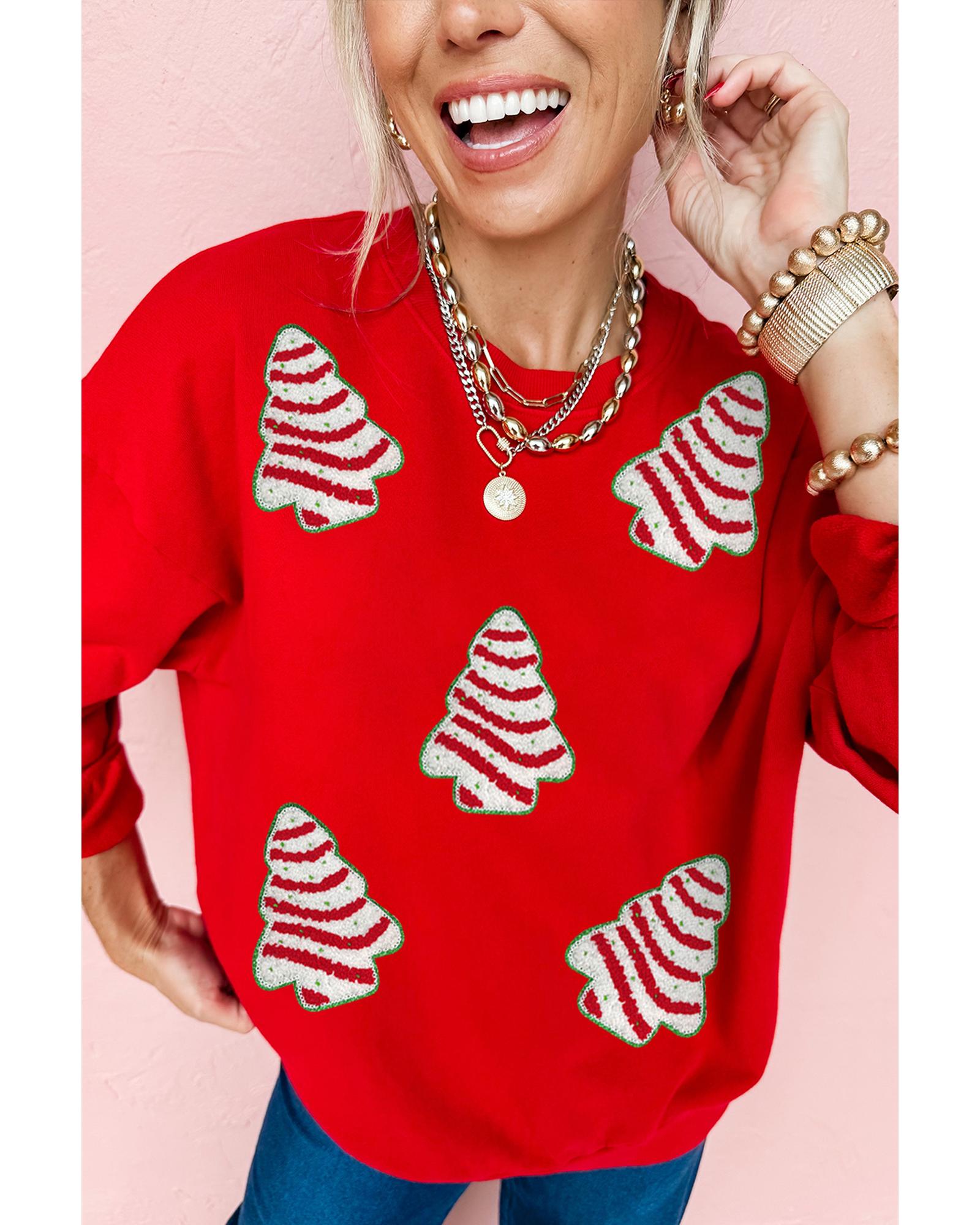 Red Playful Christmas Tree Patched Dropped Shoulder Sweatshirt - S