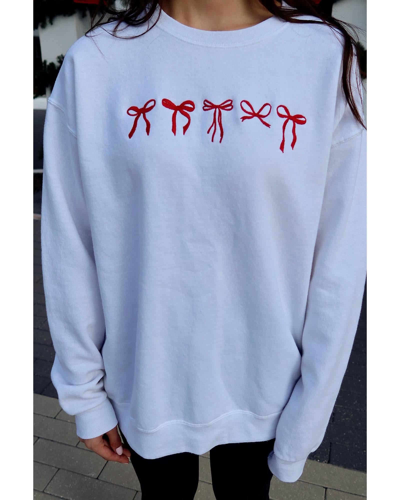 White Diverse Bow Embroidery Drop Shoulder Sweatshirt - 2XL